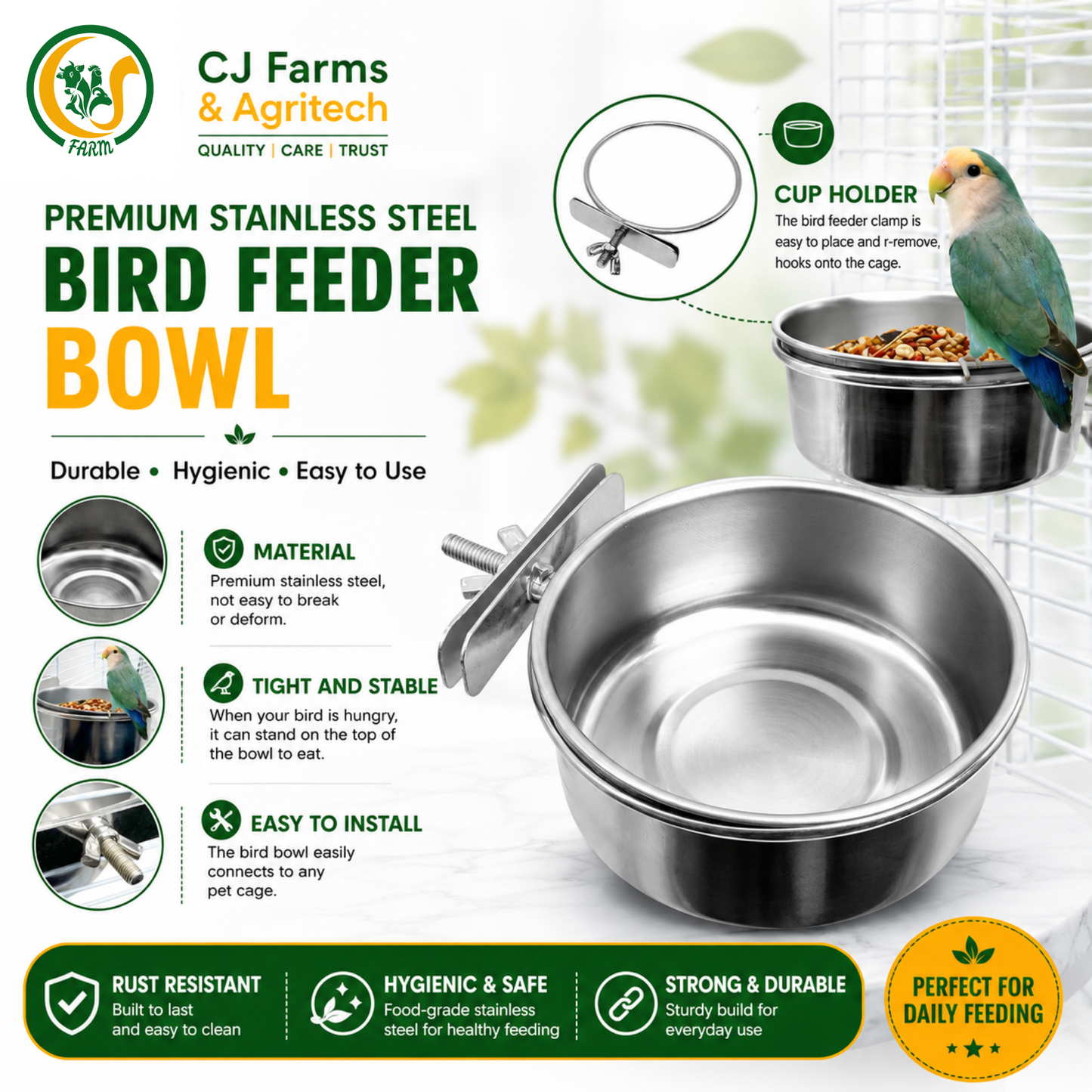 Stainless Steel Bird Feeder Bowl with Cage Clamp | 10cm Hanging Food & Water Bowl for Parrots, Hamsters, Chinchillas & Guinea Pigs CJ farms and Agritech