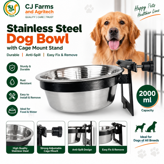 Easy-Fix Dog Bowl with Stand for Cages | 1100ml Stainless Steel Feeding Bowl for Dogs, Cats & Pets | Adjustable Cage-Mount Design cjfarms.in