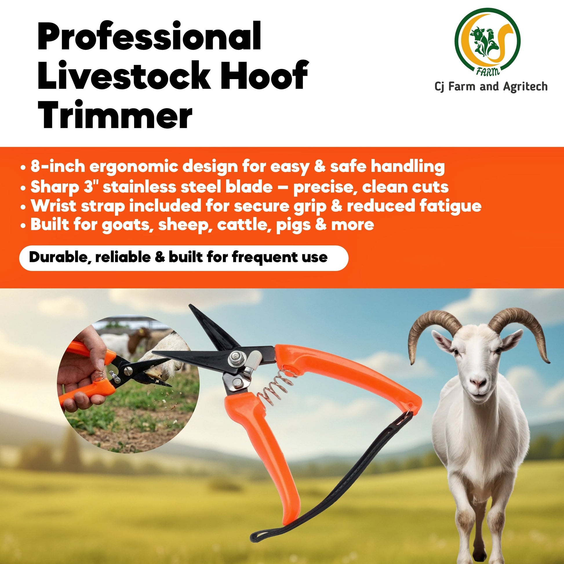 Professional Hoof Cutter for Goats & Sheep – 8 Inch Hoof Trimmer with 3 Inch Sharp Blade & Wrist Strap | Easy-Grip Goat Nail Cutter & Hoof Scissors for Safe, Smooth Trimming cjfarms.in