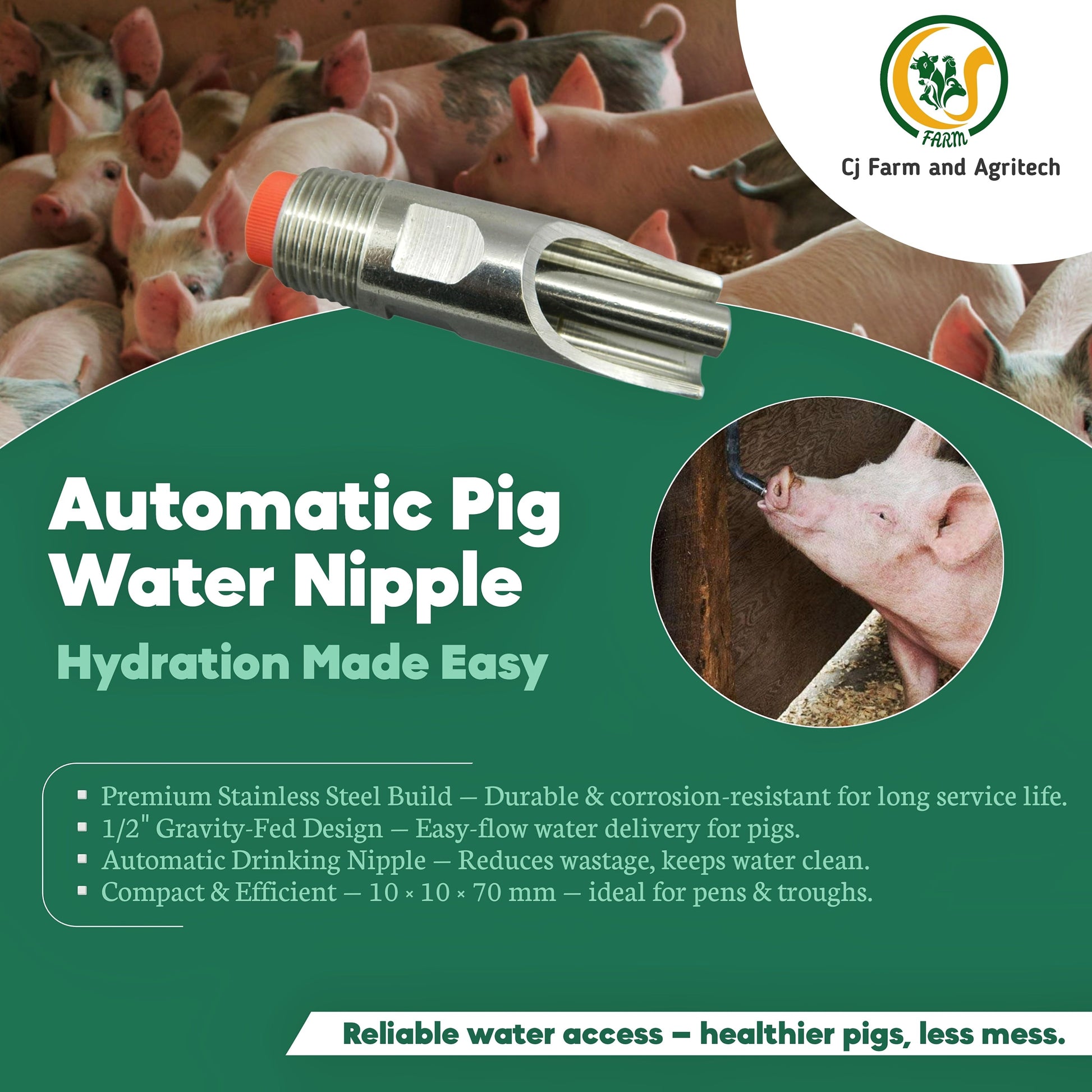 202 Grade Stainless Steel 1/2 Inch Automatic Pig Water Nipple | Durable Hog Drinking Nipple for Pigs & Piglets cjfarms.in