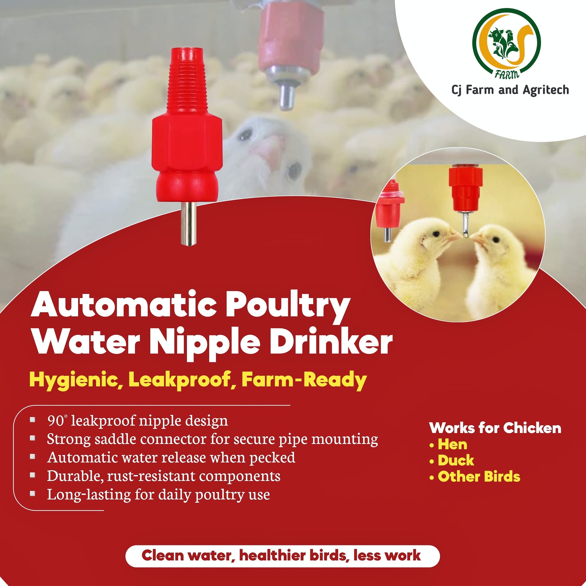 Automatic Poultry Chicken Water Nipple Drinker – 90° Leakproof Nipple with Saddle Connector cjfarms.in