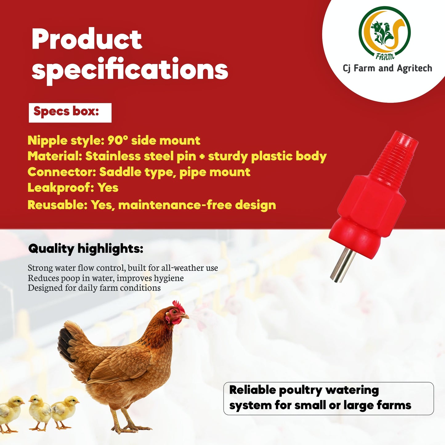 Automatic Poultry Chicken Water Nipple Drinker – 90° Leakproof Nipple with Saddle Connector cjfarms.in