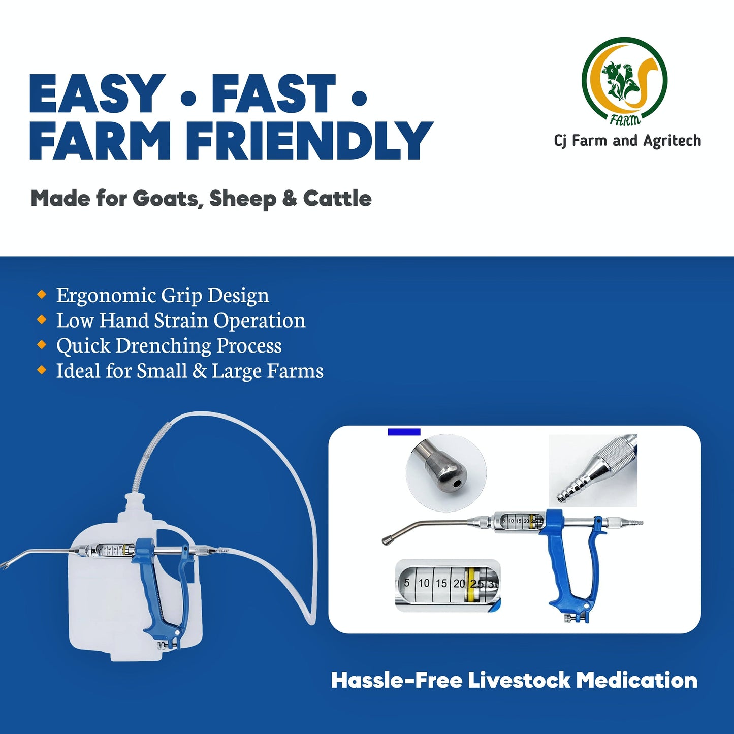 30ml Automatic Animal Drenching Gun with 2.5L Medicine Bottle | Continuous Metal Veterinary Oral Doser for Goats, Sheep & Cattle | Livestock Liquid Dosing Syringe Tool cjfarms.in