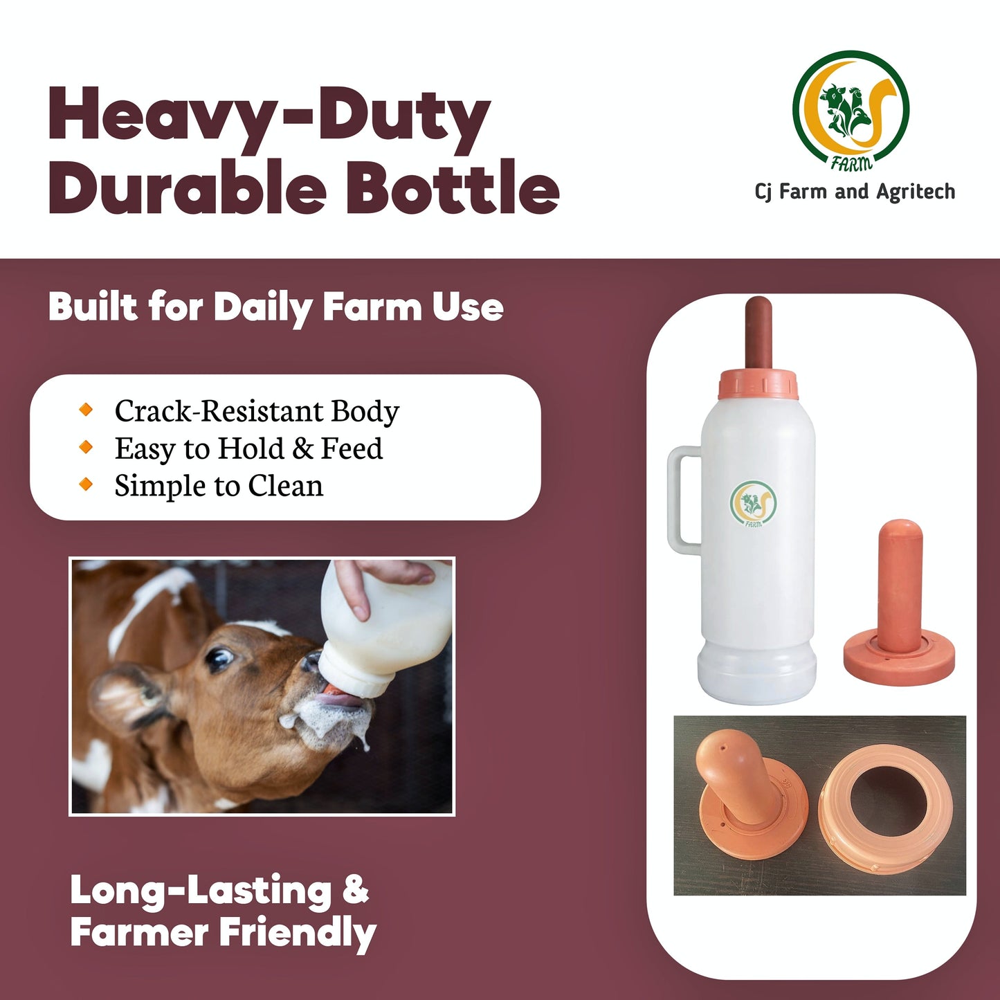 Heavy-Duty 2L Calf Milk Feeding Bottle with Food-Grade Nipple | Durable Livestock Feeder for Calves | Safe & Hygienic Farm Feeding Bottle cjfarms.in