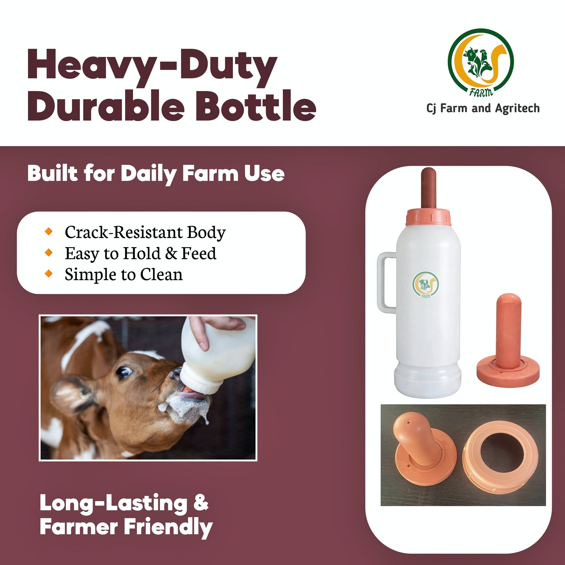 Heavy-Duty 2L Calf Milk Feeding Bottle with Food-Grade Nipple | Durable Livestock Feeder for Calves | Safe & Hygienic Farm Feeding Bottle cjfarms.in