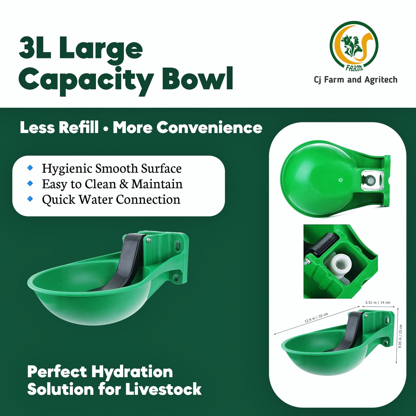 3L Green Unbreakable Plastic Automatic Cow Water Bowl Dispenser | Durable Livestock Drinking Waterer for Cattle, Goats & Sheep cjfarms.in
