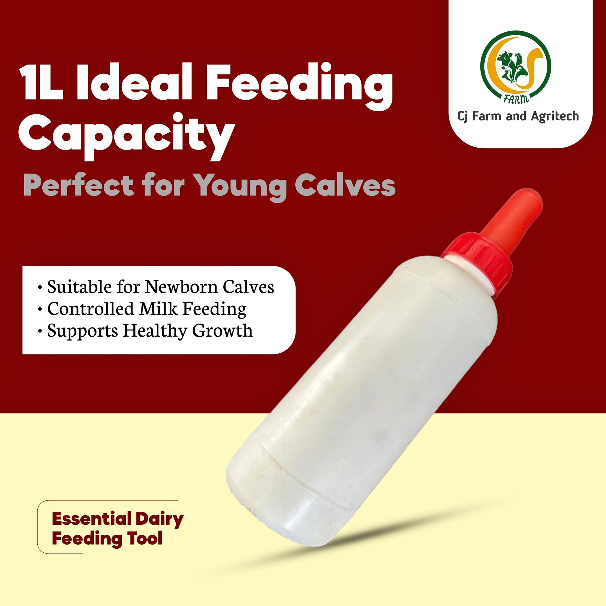 1L Calf Milk Feeding Bottle with Food-Grade Calf Nipple | Durable & Safe Milk Feeder for Young Calves | Farm & Dairy Use cjfarms.in