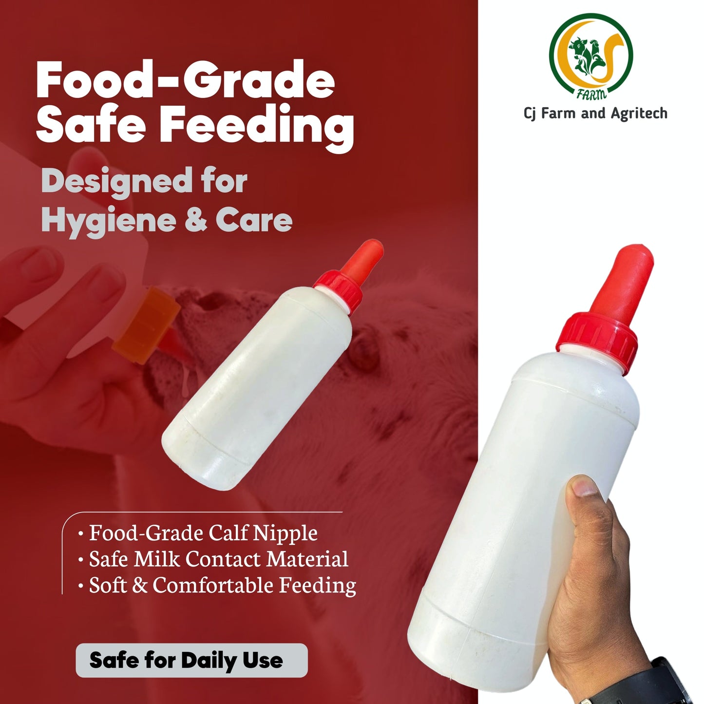 1L Calf Milk Feeding Bottle with Food-Grade Calf Nipple | Durable & Safe Milk Feeder for Young Calves | Farm & Dairy Use cjfarms.in