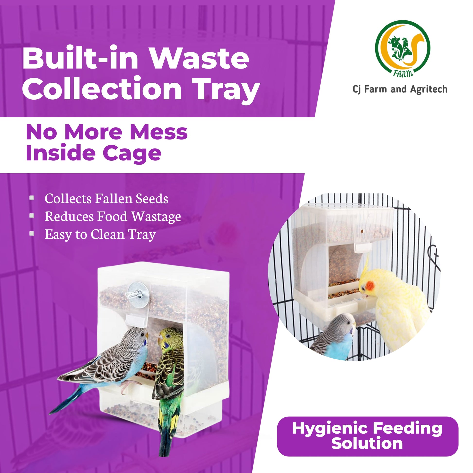 Automatic Bird Feeder 350g with Waste Tray | Anti-Spill Cage Mount Feeder for Budgies, Finches, Lovebirds & Cockatiels | Inside & Outside Bird Cage Food Dispenser CJ farms and Agritech