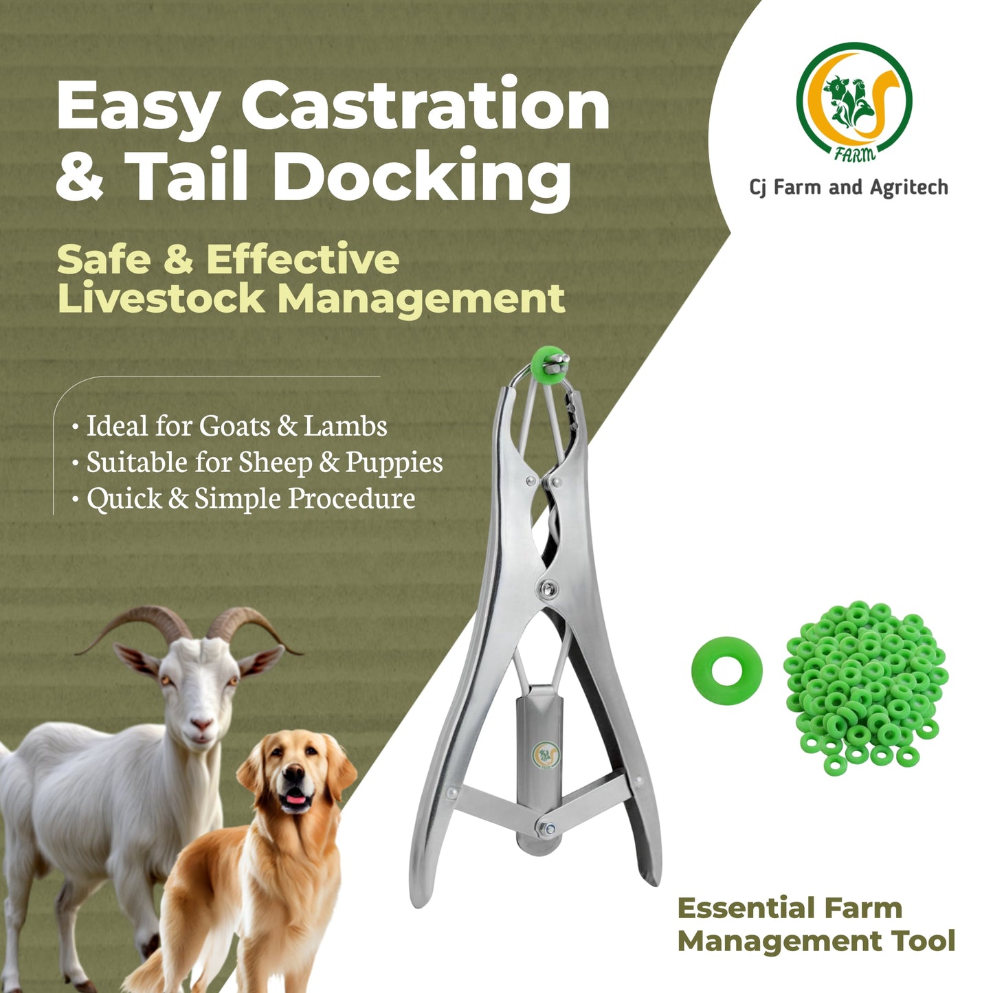 Castration Tool Kit with 100 Green Rubber Bands | Heavy-Duty Castrator Bander Plier for Goats, Lambs, Sheep & Puppies | Tail Docking & Farm Use cjfarms.in