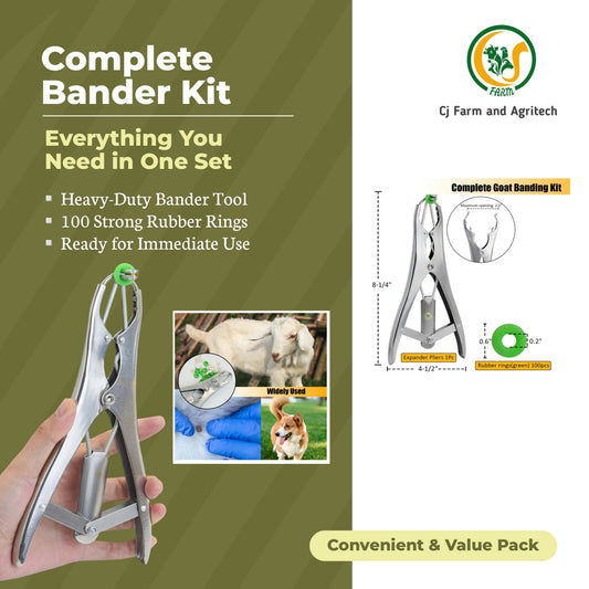 Castration Tool Kit with 100 Green Rubber Bands | Heavy-Duty Castrator Bander Plier for Goats, Lambs, Sheep & Puppies | Tail Docking & Farm Use cjfarms.in