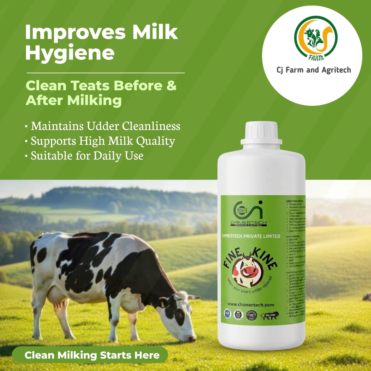 Fine Kine Teat Dip Solution 1000ml for Dairy Cattle | Udder Hygiene & Mastitis Prevention | Healthy Udder Care for High Milk Quality CHIMERTECH