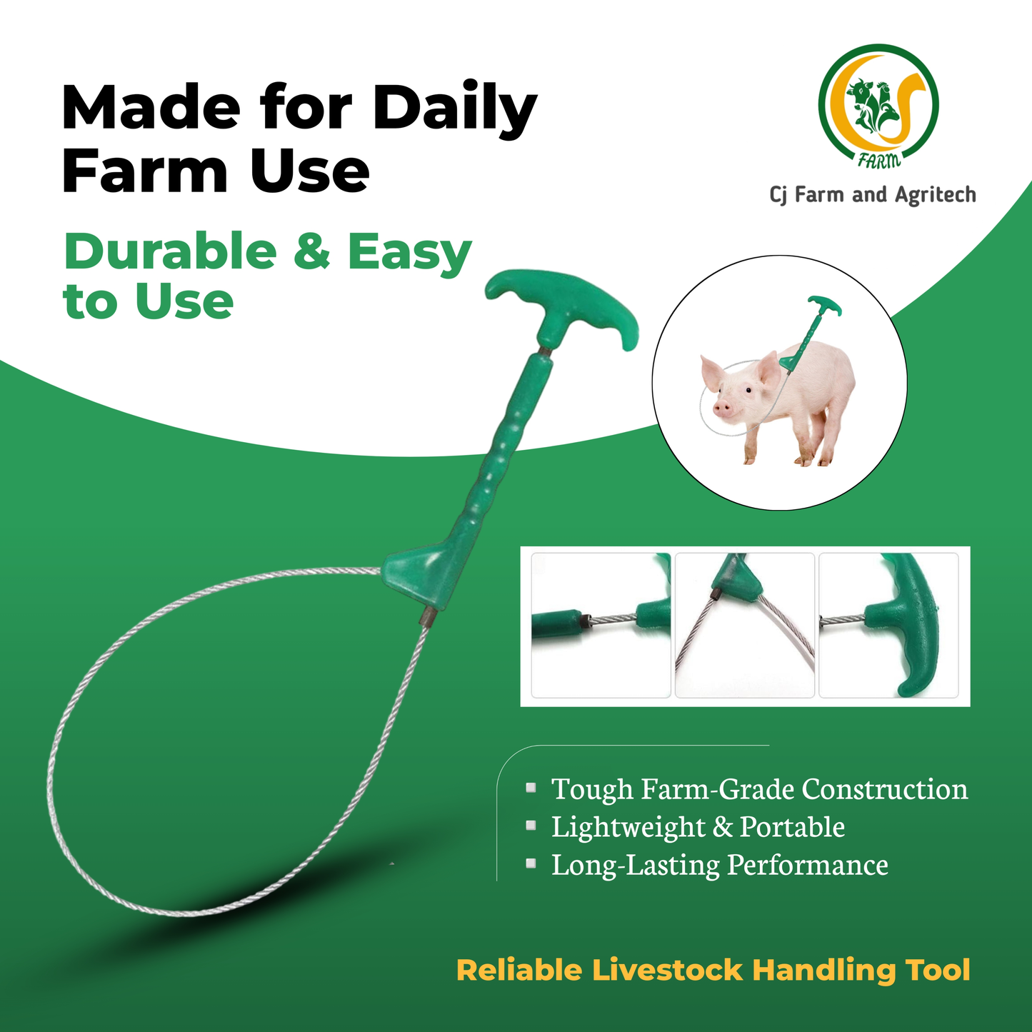 Pig Catcher Leash with Sturdy Green Handle | Strong Pig Restraint Rope for Safe Hog Handling & Farm Use cjfarms.in