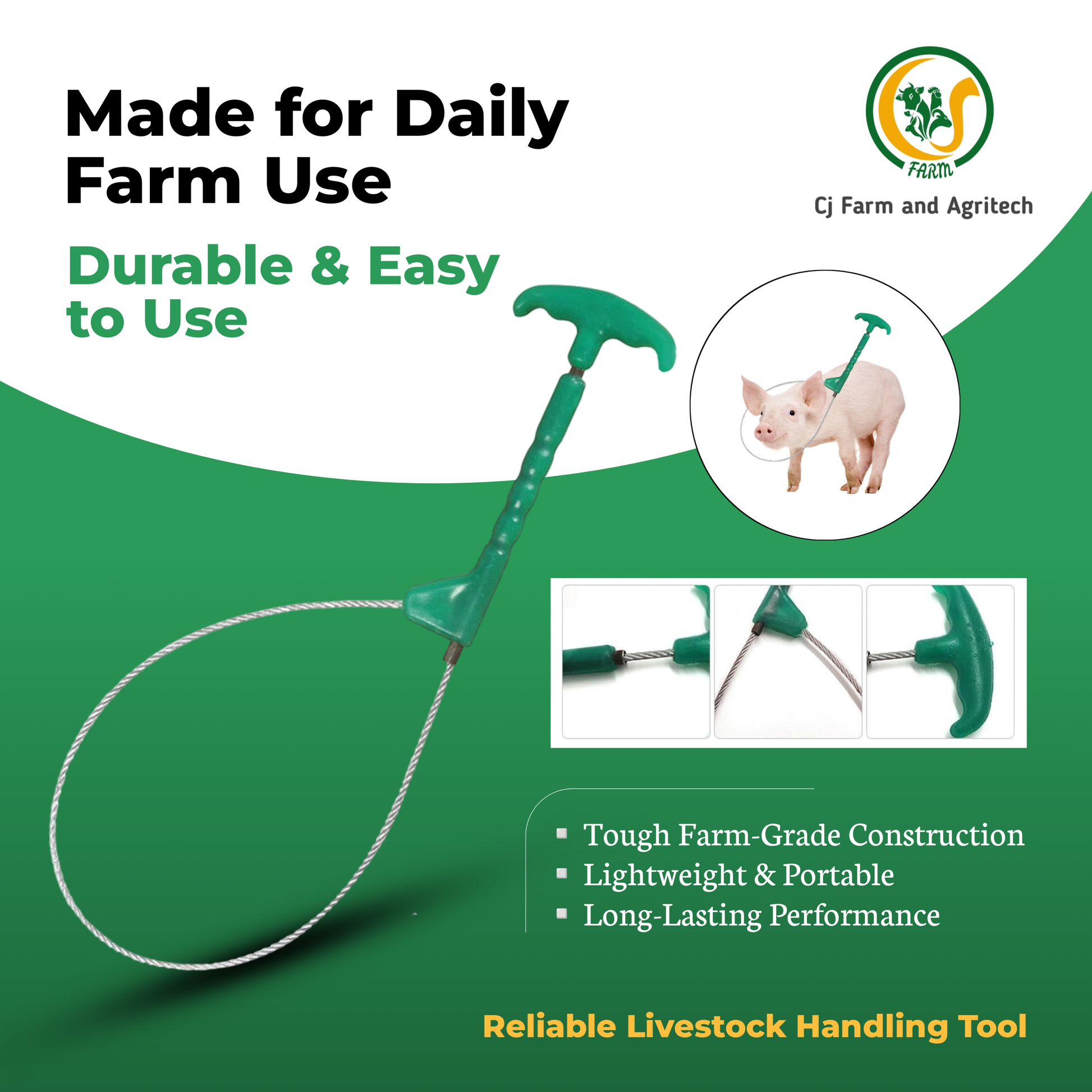 Pig Catcher Leash with Sturdy Green Handle | Strong Pig Restraint Rope for Safe Hog Handling & Farm Use cjfarms.in
