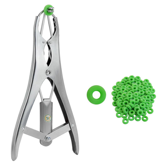 Castration Tool Kit with 100 Green Rubber Bands | Heavy-Duty Castrator Bander Plier for Goats, Lambs, Sheep & Puppies | Tail Docking & Farm Use