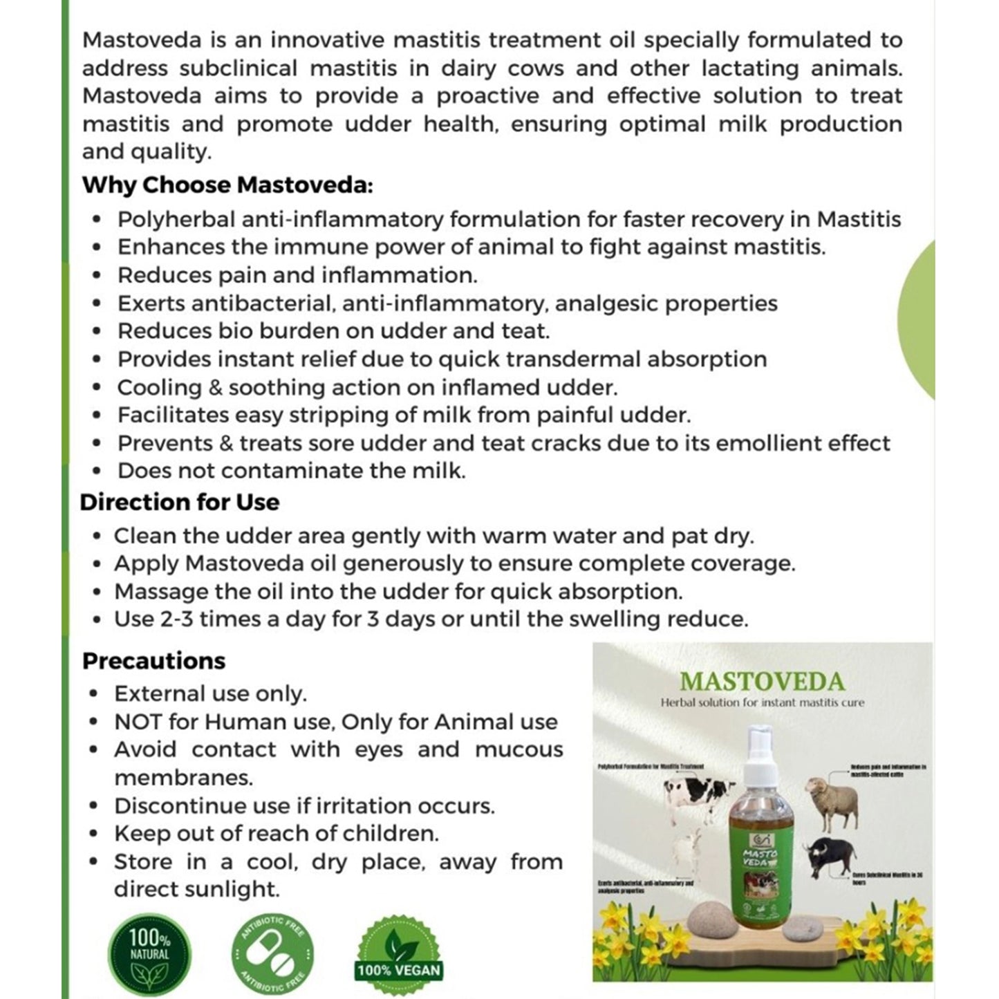 Masto Veda Mastitis Care Oil for Cows & Goats | Supports Subclinical Mastitis Relief & Udder Health | Natural Veterinary Udder Massage Oil