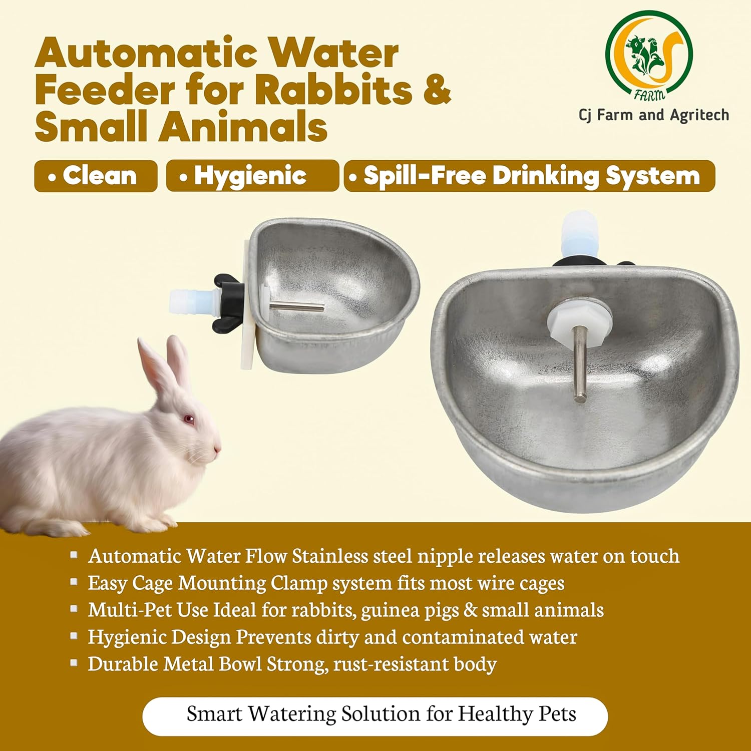 Rabbit Water Bowl Automatic – Stainless Steel Water Dispenser | Automatic Rabbit Water Feeder for Cage | Pack of 2 CJ farms and Agritech