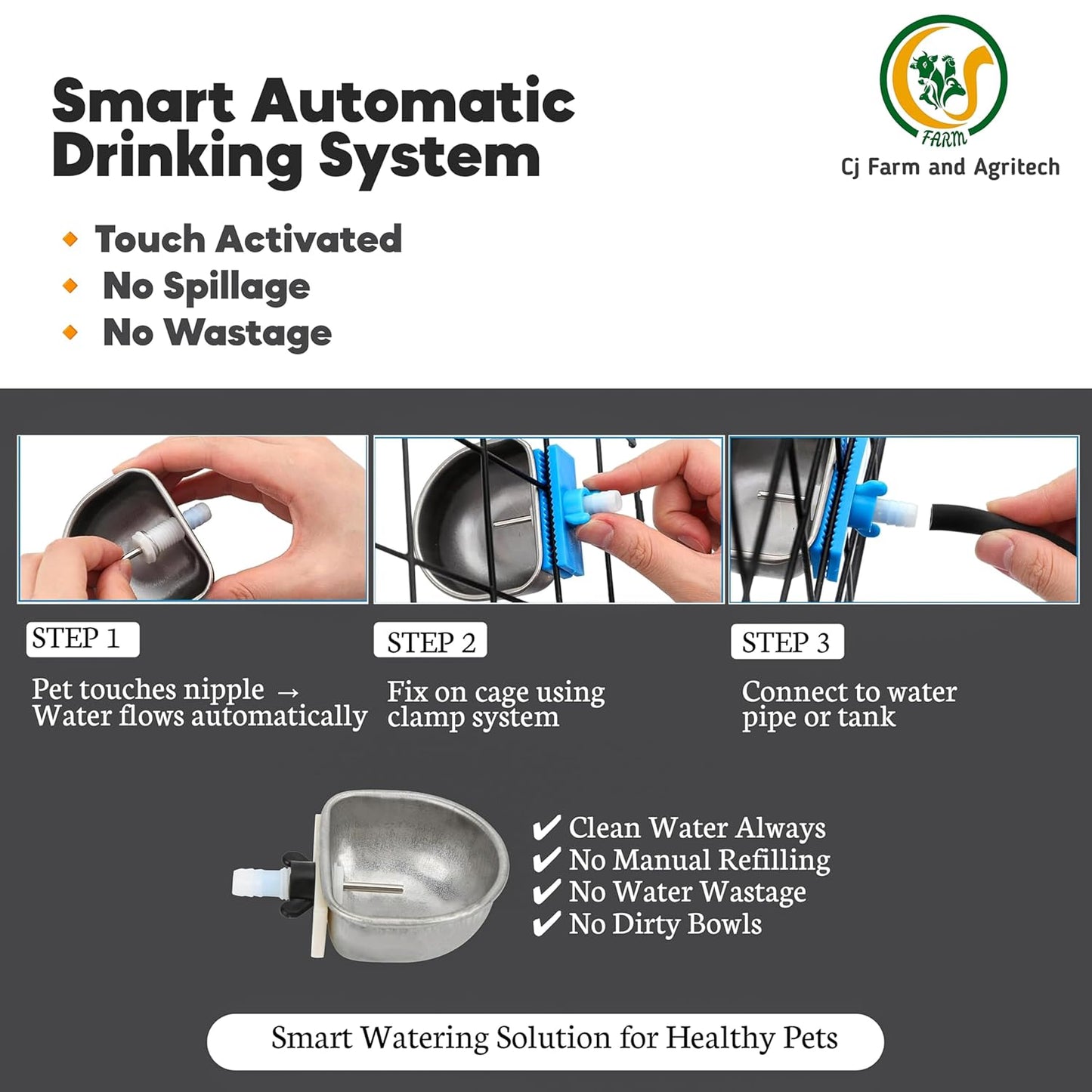 Rabbit Water Bowl Automatic – Stainless Steel Water Dispenser | Automatic Rabbit Water Feeder for Cage | Pack of 2 CJ farms and Agritech