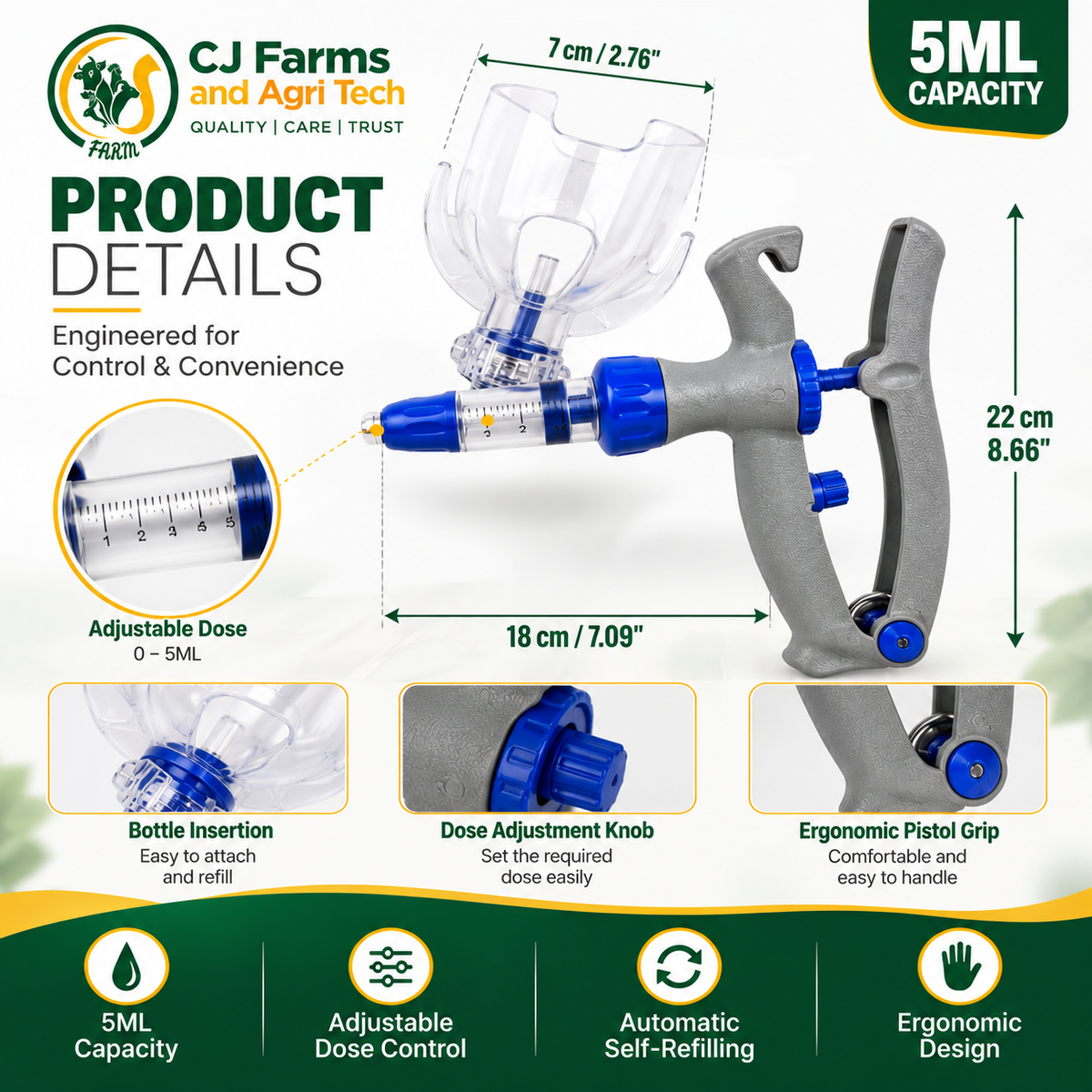 5ML Automatic Livestock Syringe Gun | Adjustable Dose Veterinary Injector with Bottle Holder for Cattle, Cow, Pig, Goat & Sheep  Copy Title