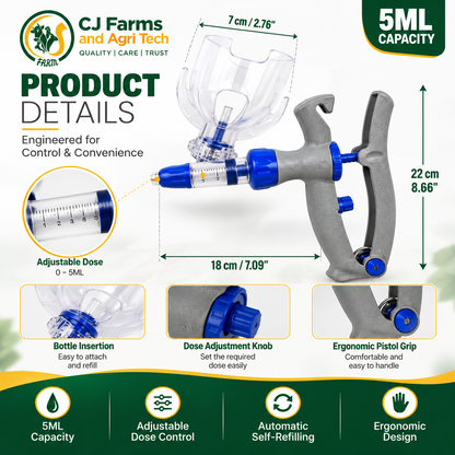 5ML Automatic Livestock Syringe Gun | Adjustable Dose Veterinary Injector with Bottle Holder for Cattle, Cow, Pig, Goat & Sheep  Copy Title