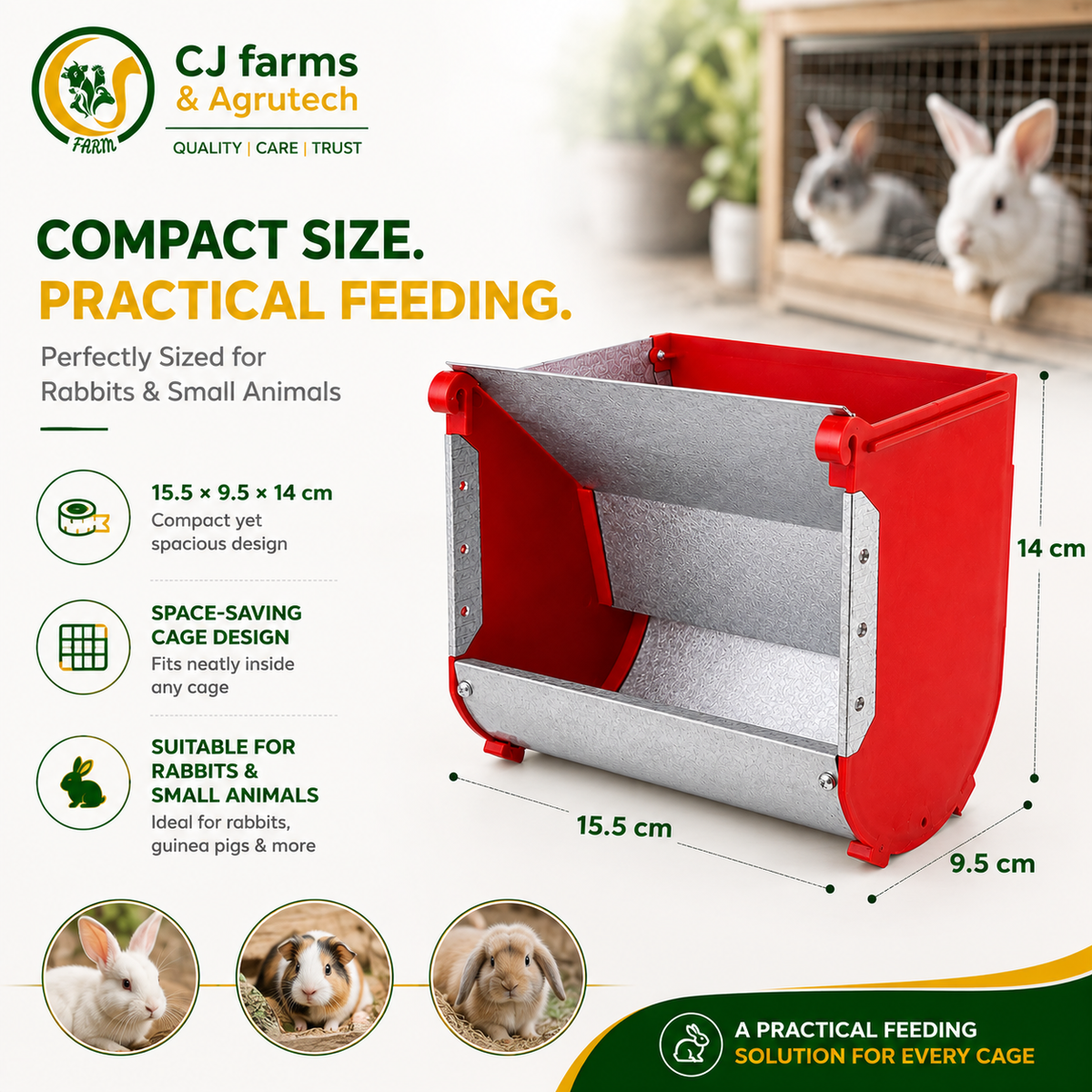 Rabbit Feeder Box 15.5 × 9.5 × 14 cm | Galvanized Metal Cage-Mount Feeding Trough for Rabbits & Small Animals CJ farms and Agritech
