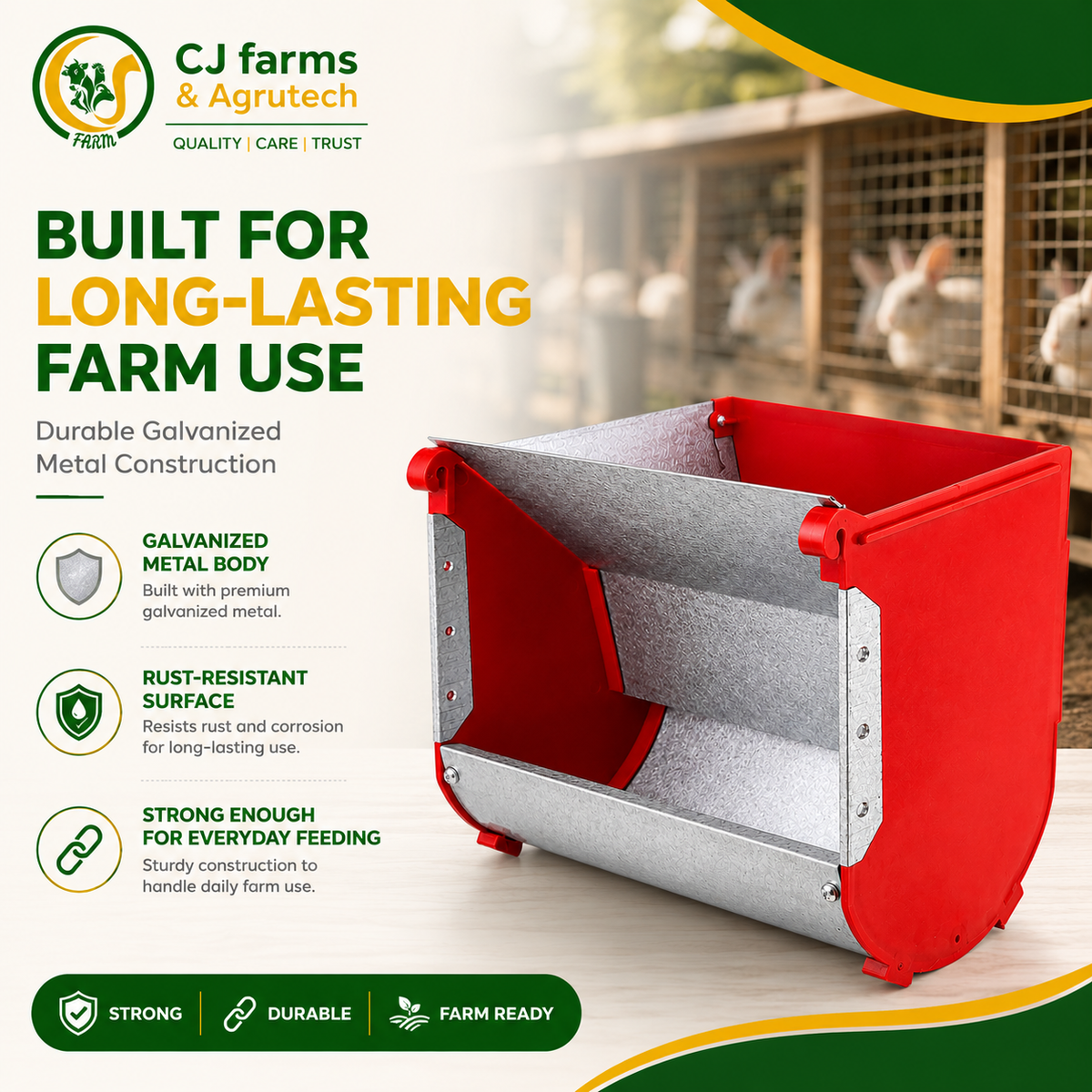 Rabbit Feeder Box 15.5 × 9.5 × 14 cm | Galvanized Metal Cage-Mount Feeding Trough for Rabbits & Small Animals CJ farms and Agritech