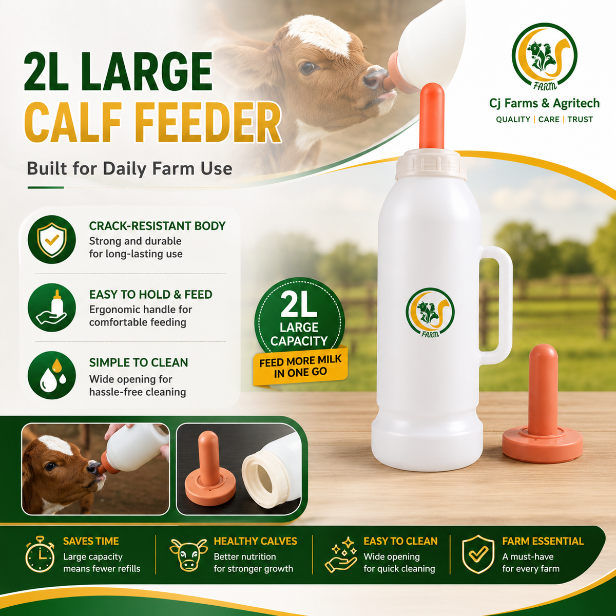 Heavy-Duty 2L Calf Milk Feeding Bottle with Food-Grade Nipple | Durable Livestock Feeder for Calves | Safe & Hygienic Farm Feeding Bottle cjfarms.in