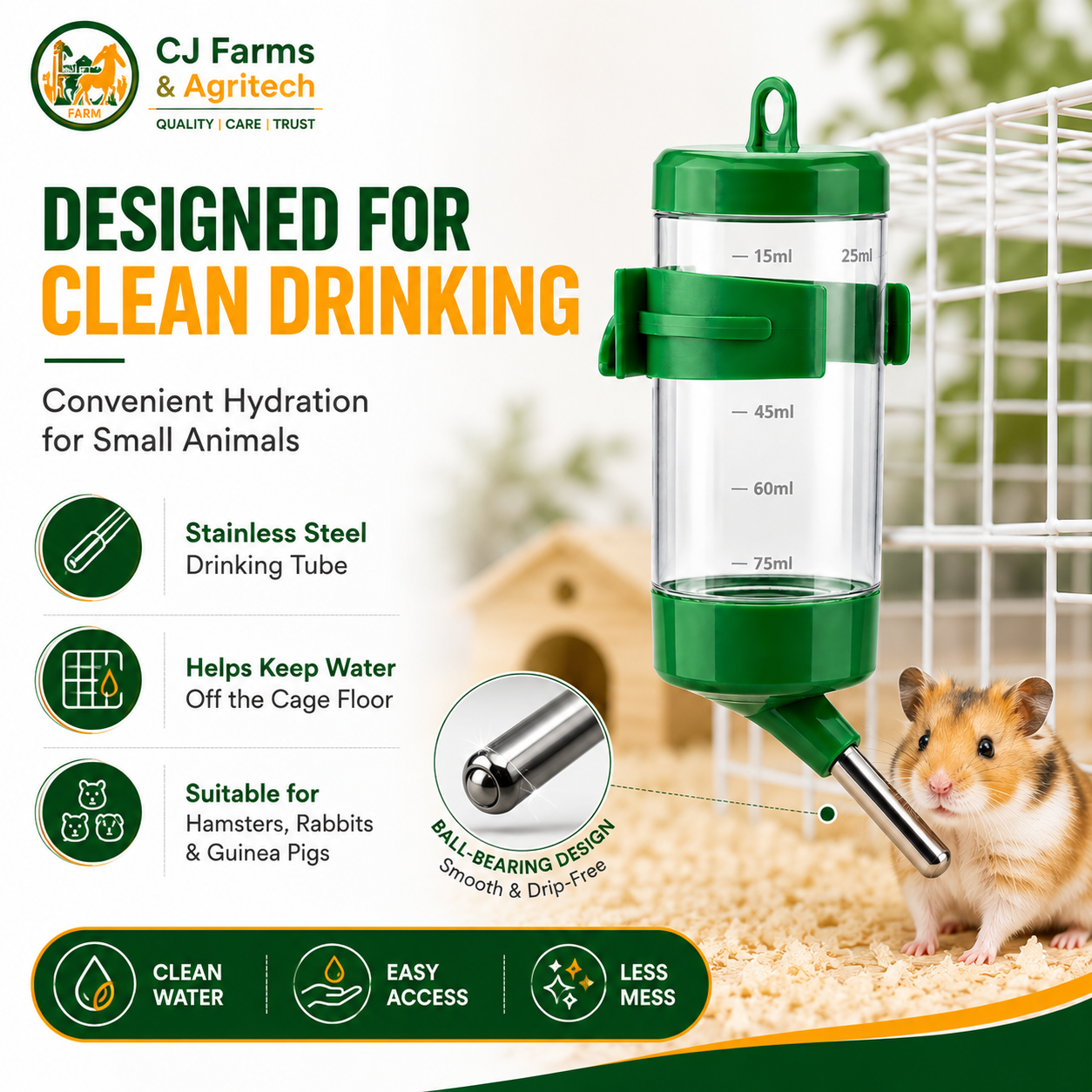 80ml Hamster Water Bottle | Hanging Small Animal Water Dispenser with Stainless Steel Nozzle for Hamster, Rabbit, Guinea Pig & Squirrel CJ farms and Agritech