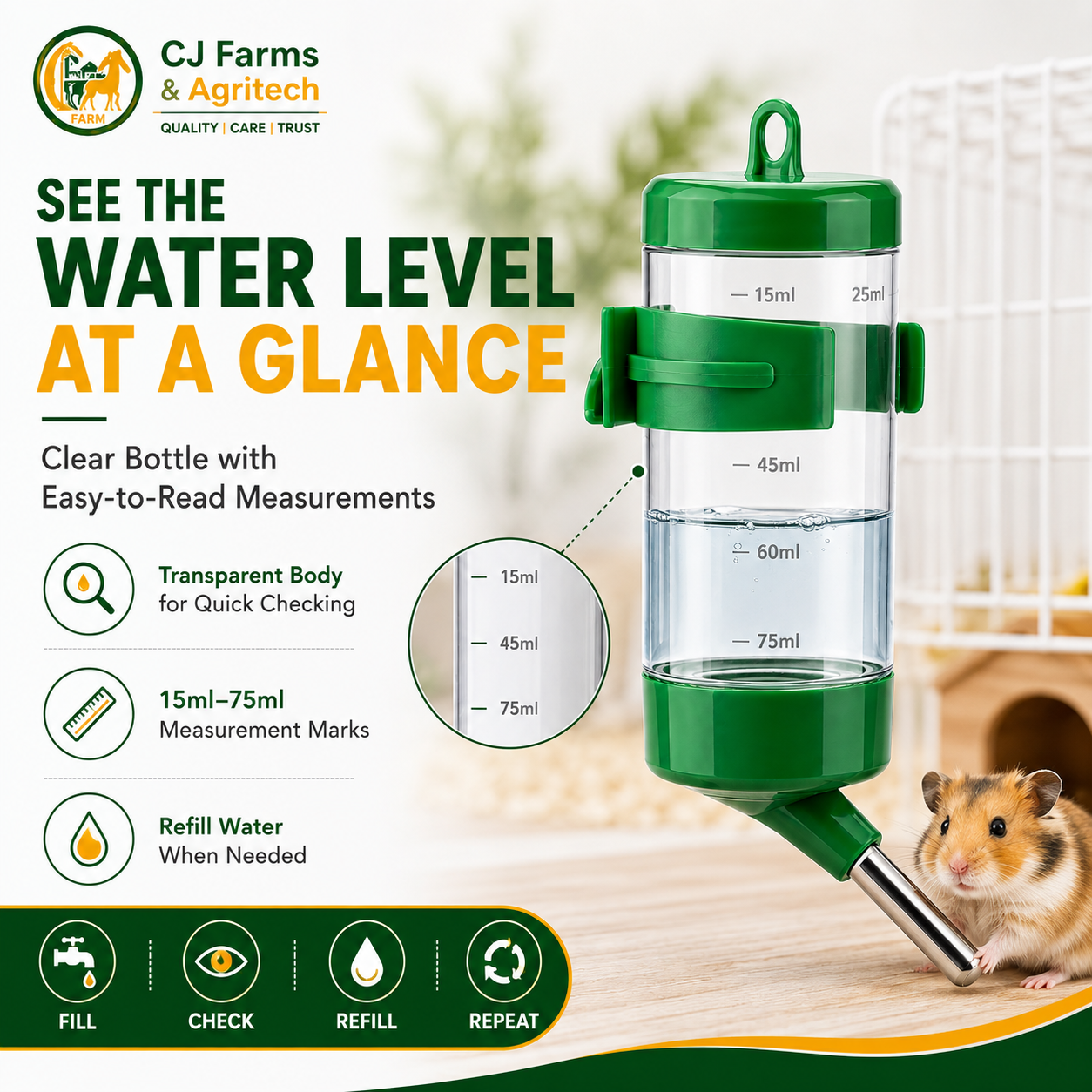 80ml Hamster Water Bottle | Hanging Small Animal Water Dispenser with Stainless Steel Nozzle for Hamster, Rabbit, Guinea Pig & Squirrel CJ farms and Agritech
