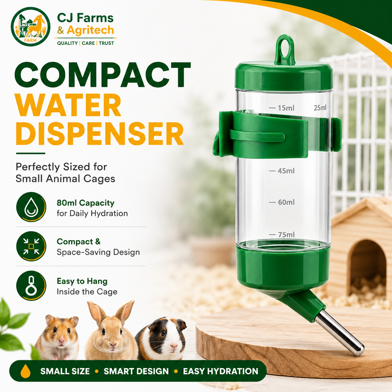 80ml Hamster Water Bottle | Hanging Small Animal Water Dispenser with Stainless Steel Nozzle for Hamster, Rabbit, Guinea Pig & Squirrel CJ farms and Agritech