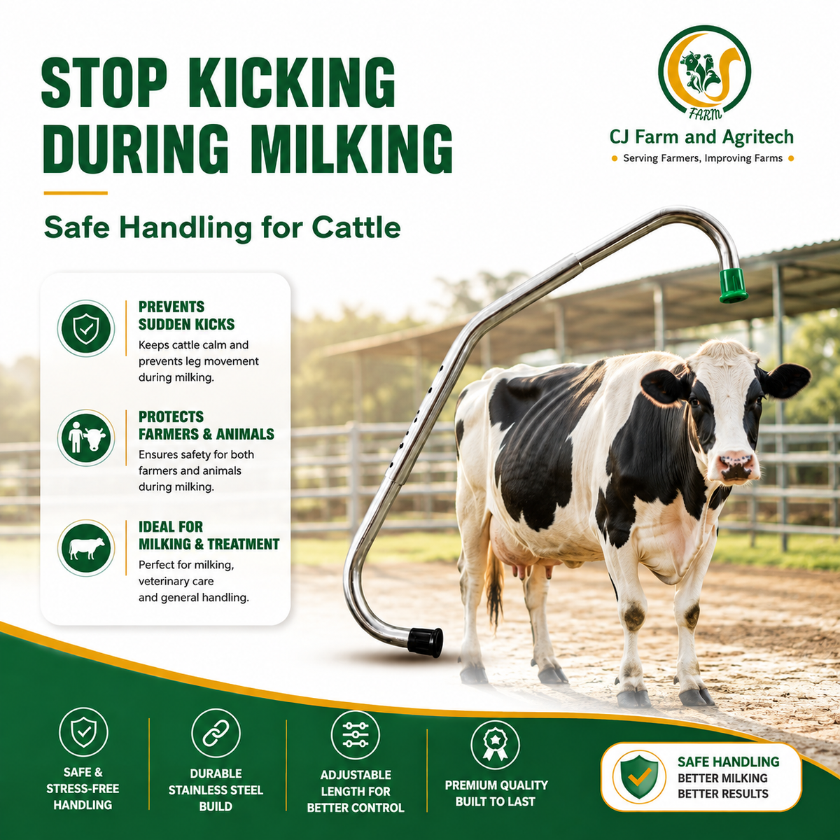 CJ Farms Adjustable Cow Anti Kick Bar – Heavy Duty Hot Dip Galvanized Iron Cattle Restraint Tool for Safe Milking, Hoof Trimming & Veterinary Use cjfarms.in