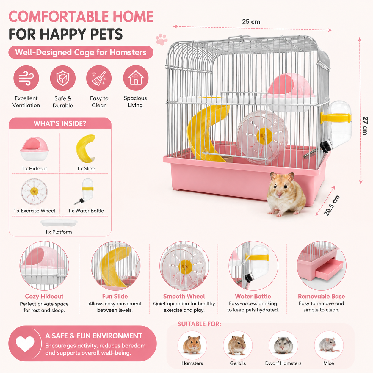 Hamster Cage BC-166 20.5 × 25 × 27 cm | Spacious Small Animal Cage with Removable Tray for Hamsters & Gerbils CJ farms and Agritech