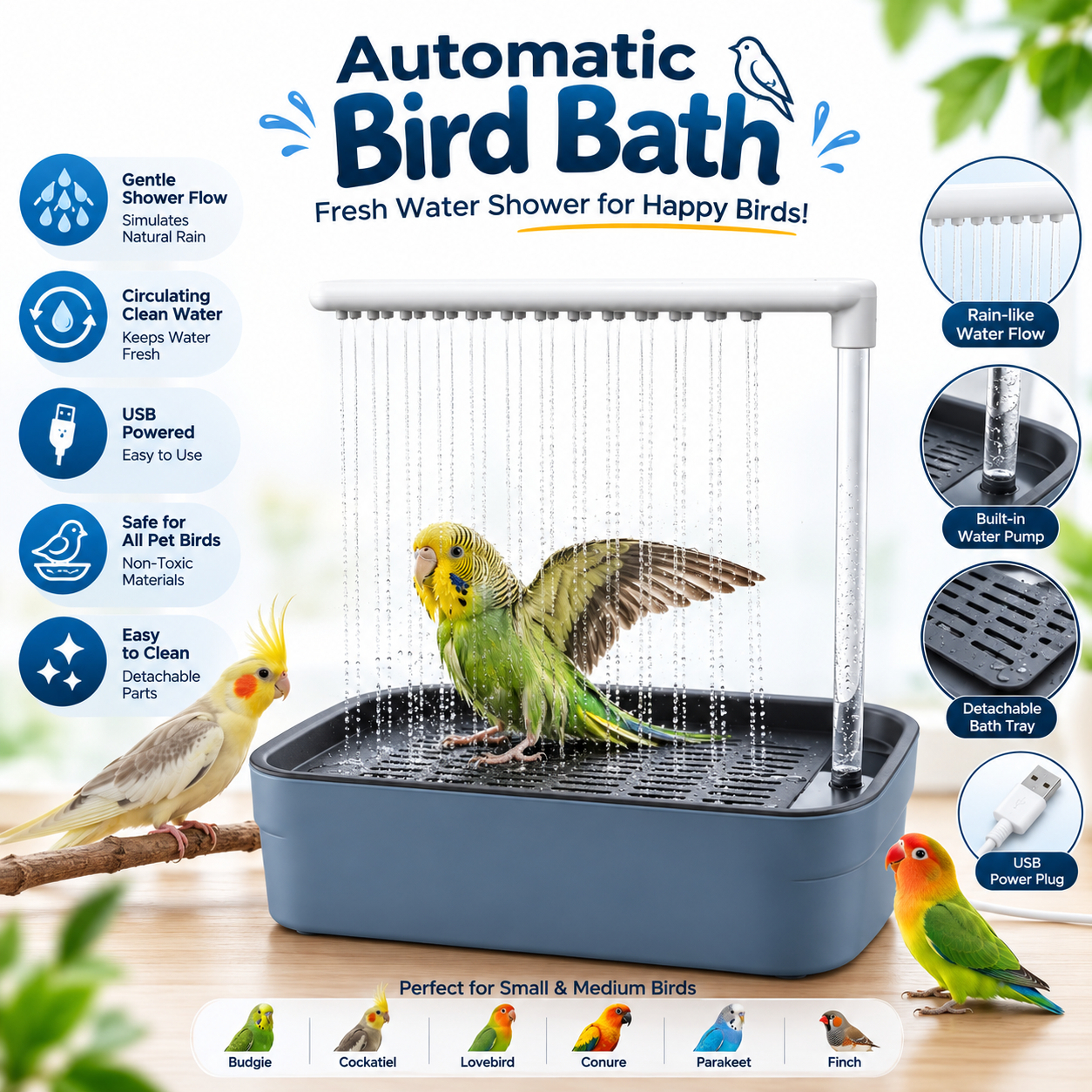 Automatic Bird Bath with Water Pump & Rain Shower | USB Powered Bird Bath Tub for Budgies, Cockatiels, Lovebirds, Parakeets & Small Birds CJ farms and Agritech