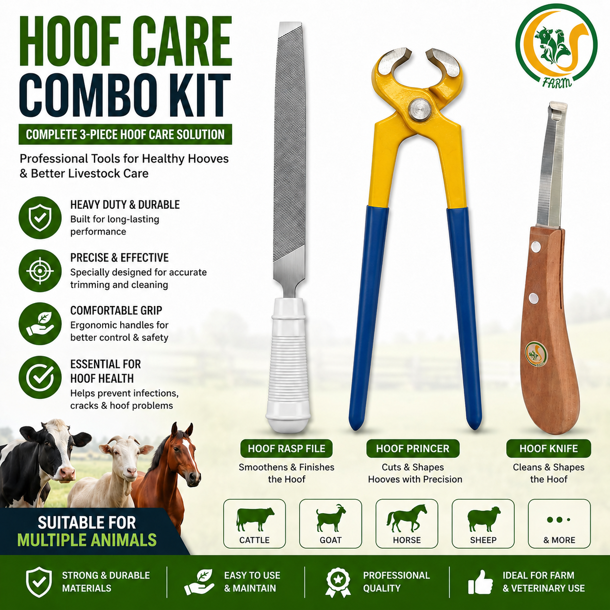 Professional Hoof Care Combo Kit for Cattle, Cow, Goat & Horse | Hoof princer, Hoof Knife & Rasp File Set CJ farms and Agritech