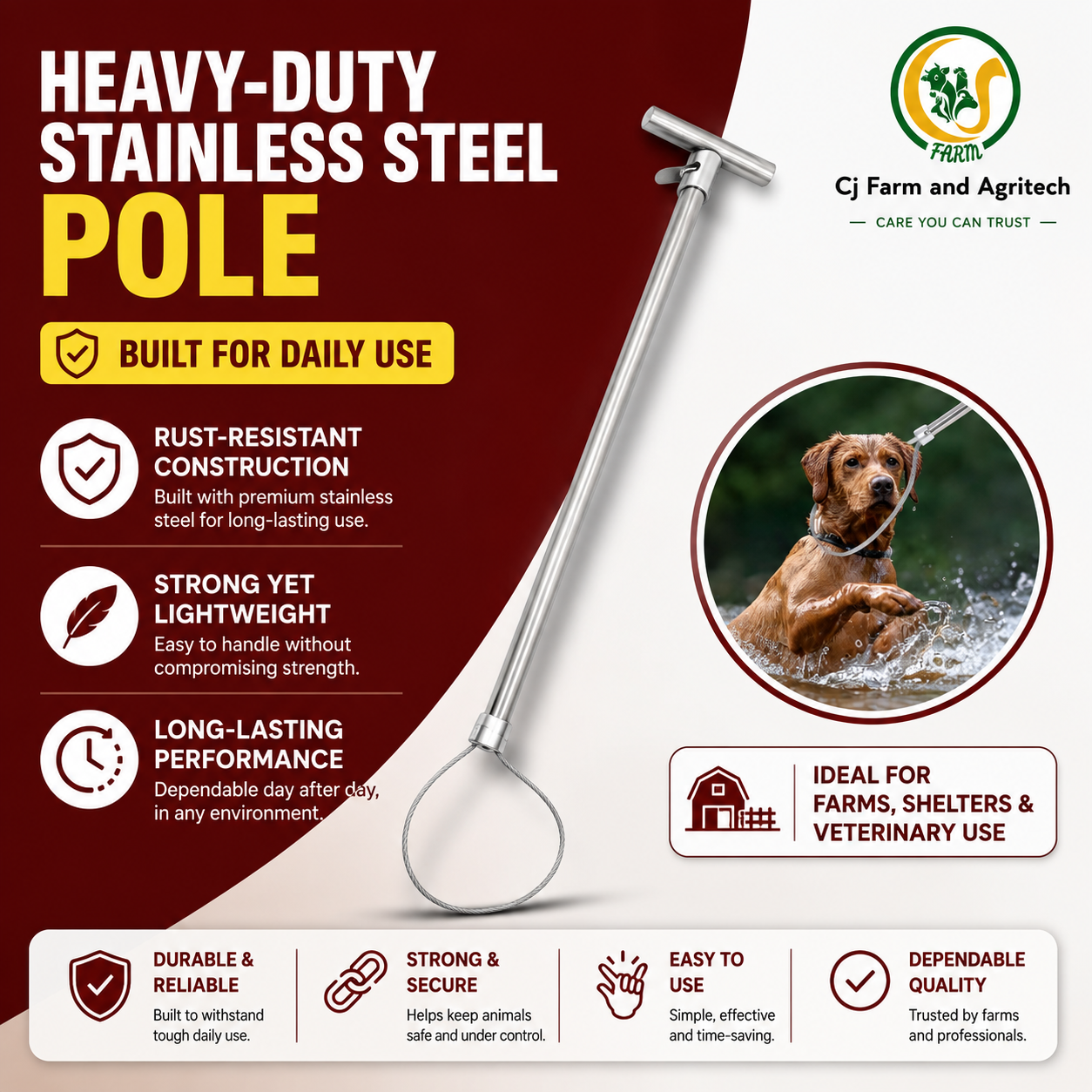 Stainless Steel Animal Control Pole | Dog Catcher Pole, Pig Holder & Livestock Catcher | Safe & Humane Animal Handling Tool cjfarms.in