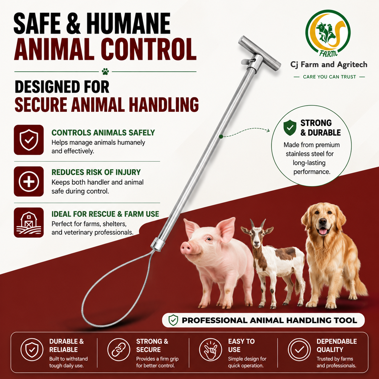 Stainless Steel Animal Control Pole | Dog Catcher Pole, Pig Holder & Livestock Catcher | Safe & Humane Animal Handling Tool cjfarms.in