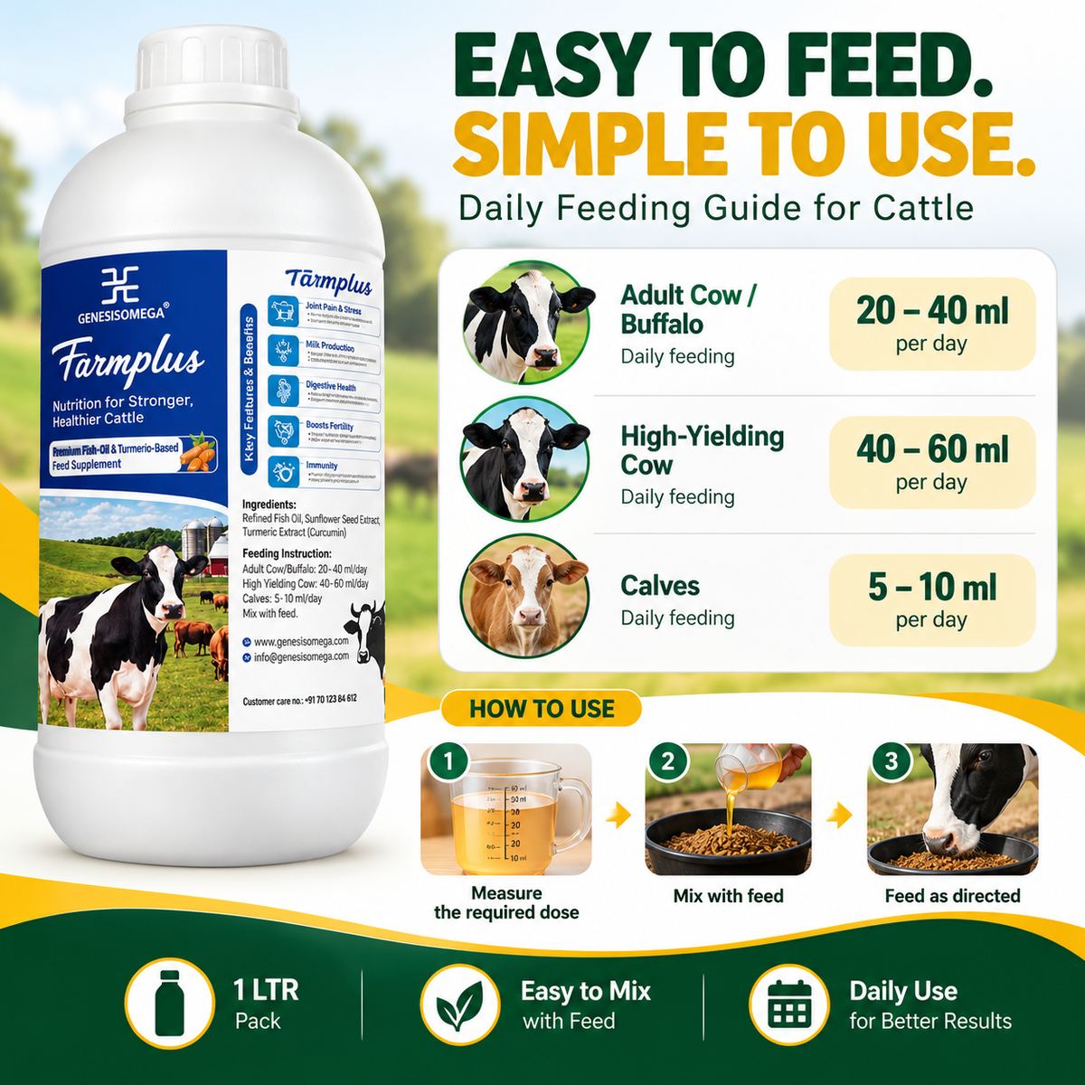 GENESISOMEGA Farmplus Cattle Feed Supplement 1L | Fish Oil & Turmeric Liquid Nutrition for Cow, Buffalo & Calves