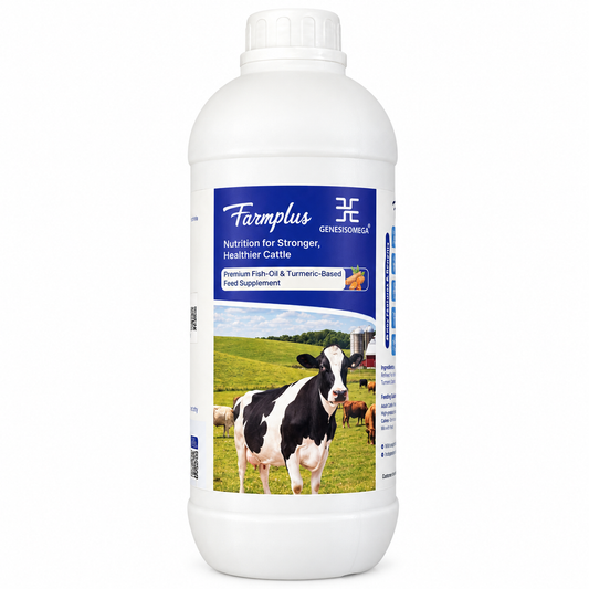 GENESISOMEGA Farmplus Cattle Feed Supplement 1L | Fish Oil & Turmeric Liquid Nutrition for Cow, Buffalo & Calves