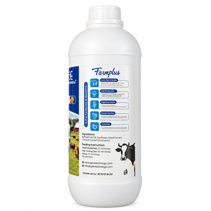 GENESISOMEGA Farmplus Cattle Feed Supplement 1L | Fish Oil & Turmeric Liquid Nutrition for Cow, Buffalo & Calves