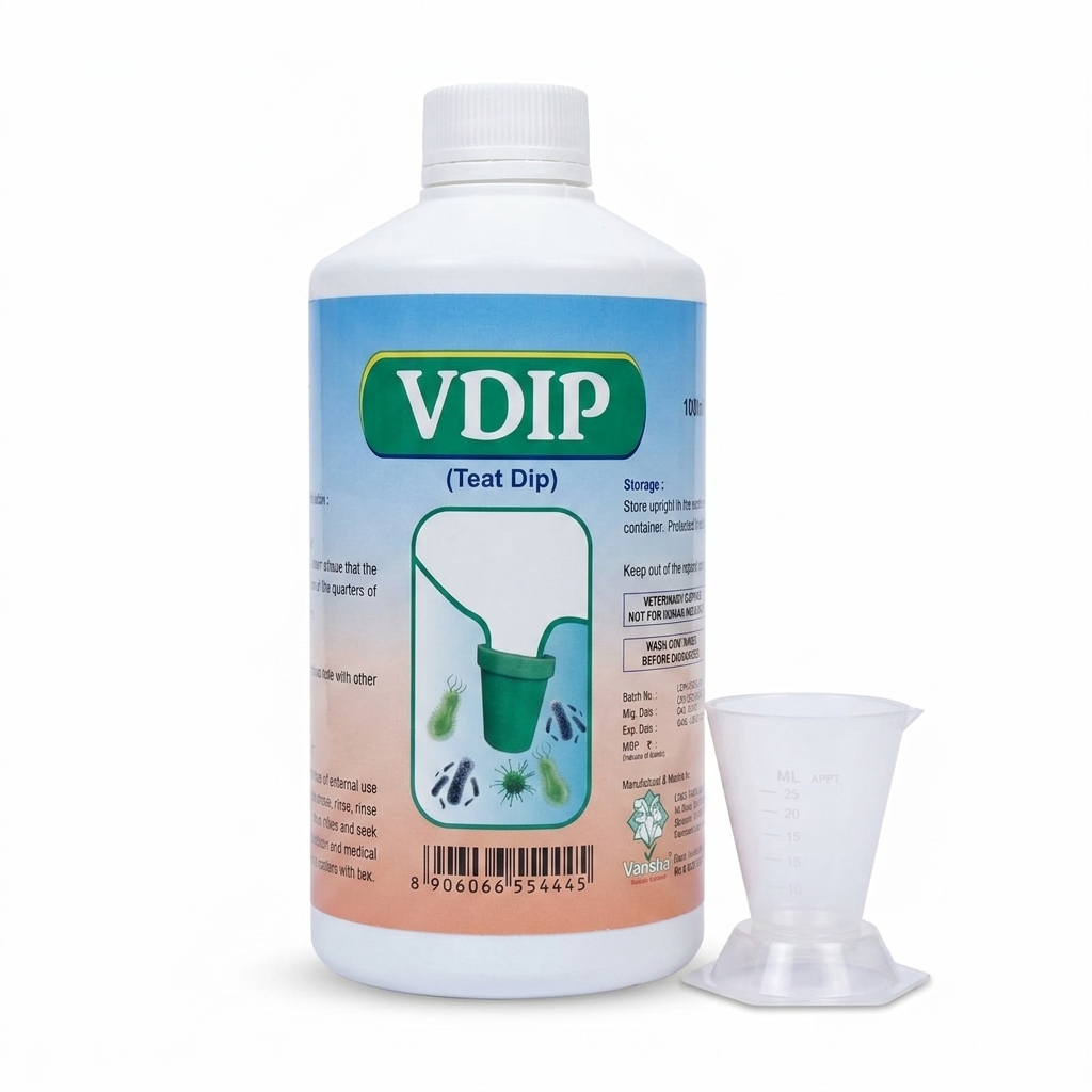 VDIP  Teat Dip Solution 1L | Mastitis Prevention Teat Sanitizer for Cows & Buffaloes | Post Milking Udder Hygiene Solution with Measuring Cup CJ farms and Agritech