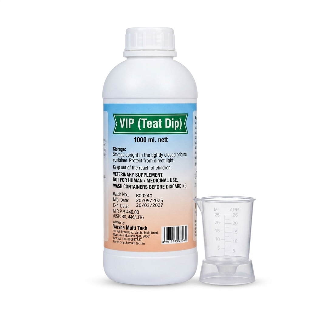 VDIP  Teat Dip Solution 1L | Mastitis Prevention Teat Sanitizer for Cows & Buffaloes | Post Milking Udder Hygiene Solution with Measuring Cup CJ farms and Agritech