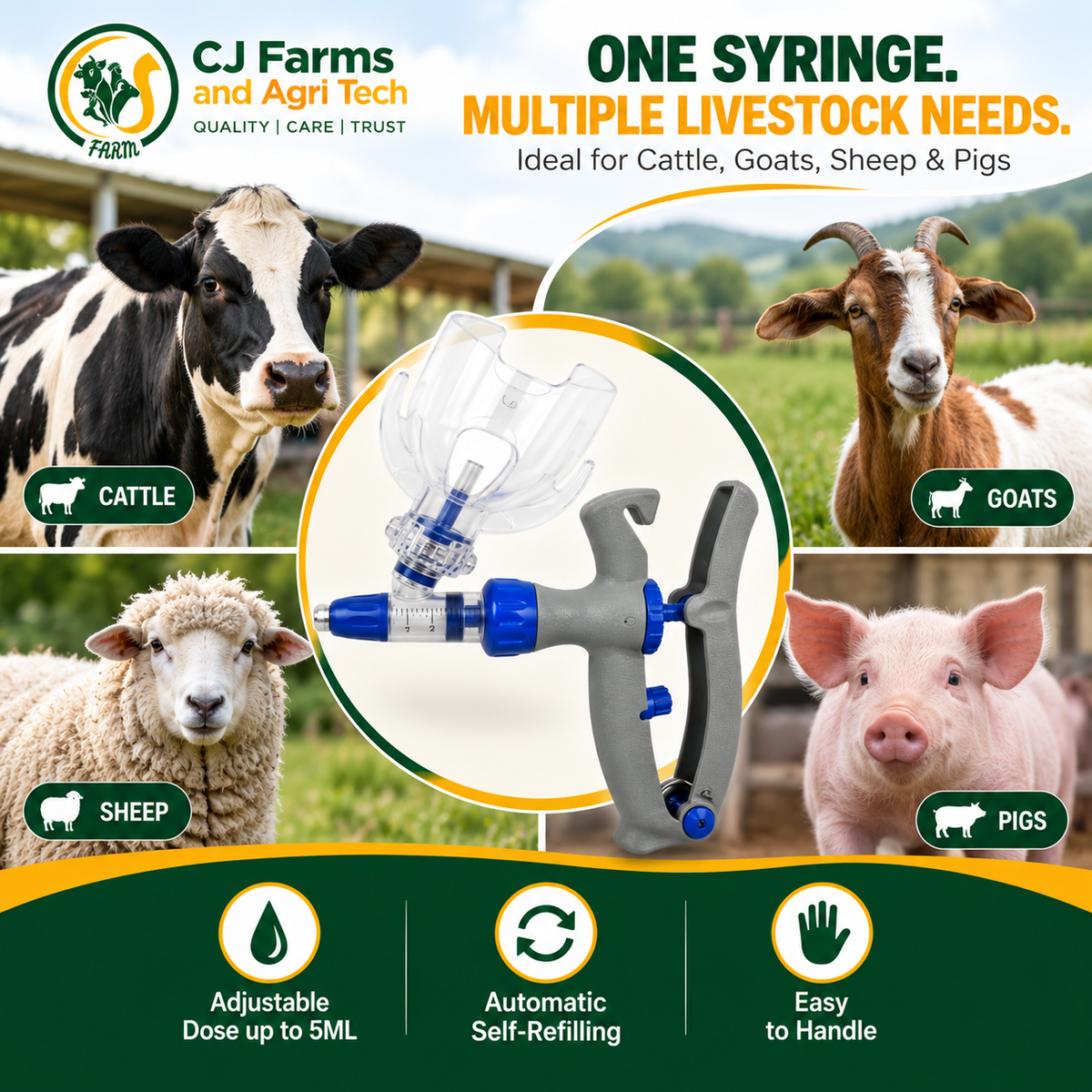 5ML Automatic Livestock Syringe Gun | Adjustable Dose Veterinary Injector with Bottle Holder for Cattle, Cow, Pig, Goat & Sheep  Copy Title