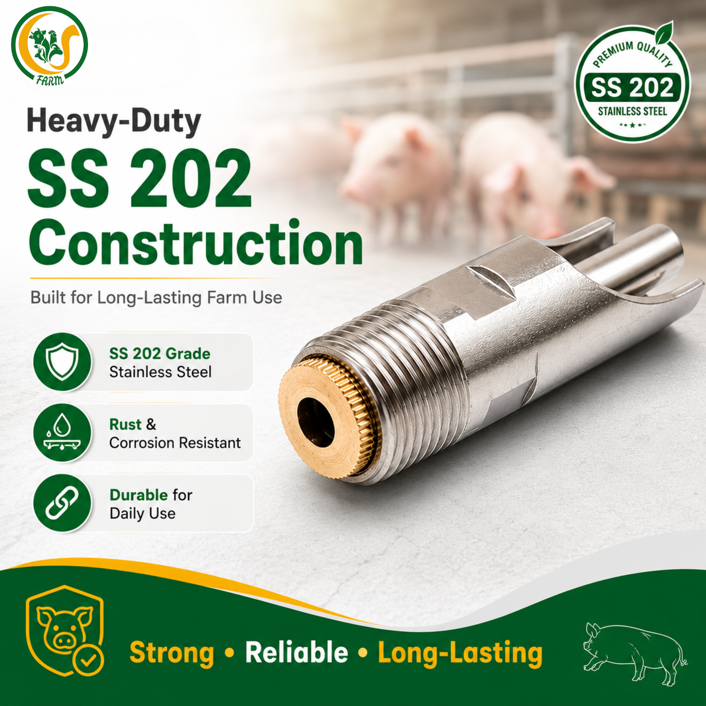 Stainless Steel 1/2 Inch Automatic Pig Nipple Drinker (Pack of 5) | SS 202 Grade Heavy-Duty Hog Water Nipple for Pigs & Piglets cjfarms.in