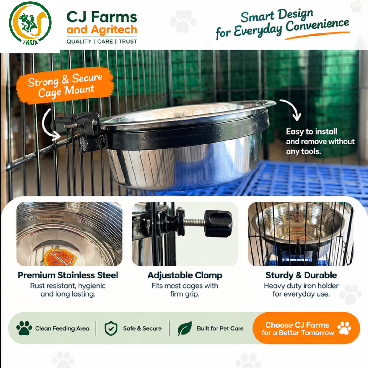Easy-Fix Dog Bowl with Stand for Cages | 1100ml Stainless Steel Feeding Bowl for Dogs, Cats & Pets | Adjustable Cage-Mount Design cjfarms.in