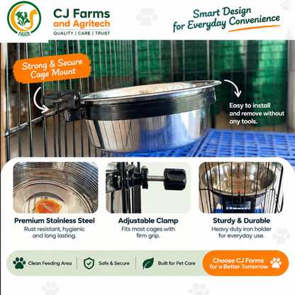 Easy-Fix Dog Bowl with Stand for Cages | 1100ml Stainless Steel Feeding Bowl for Dogs, Cats & Pets | Adjustable Cage-Mount Design cjfarms.in