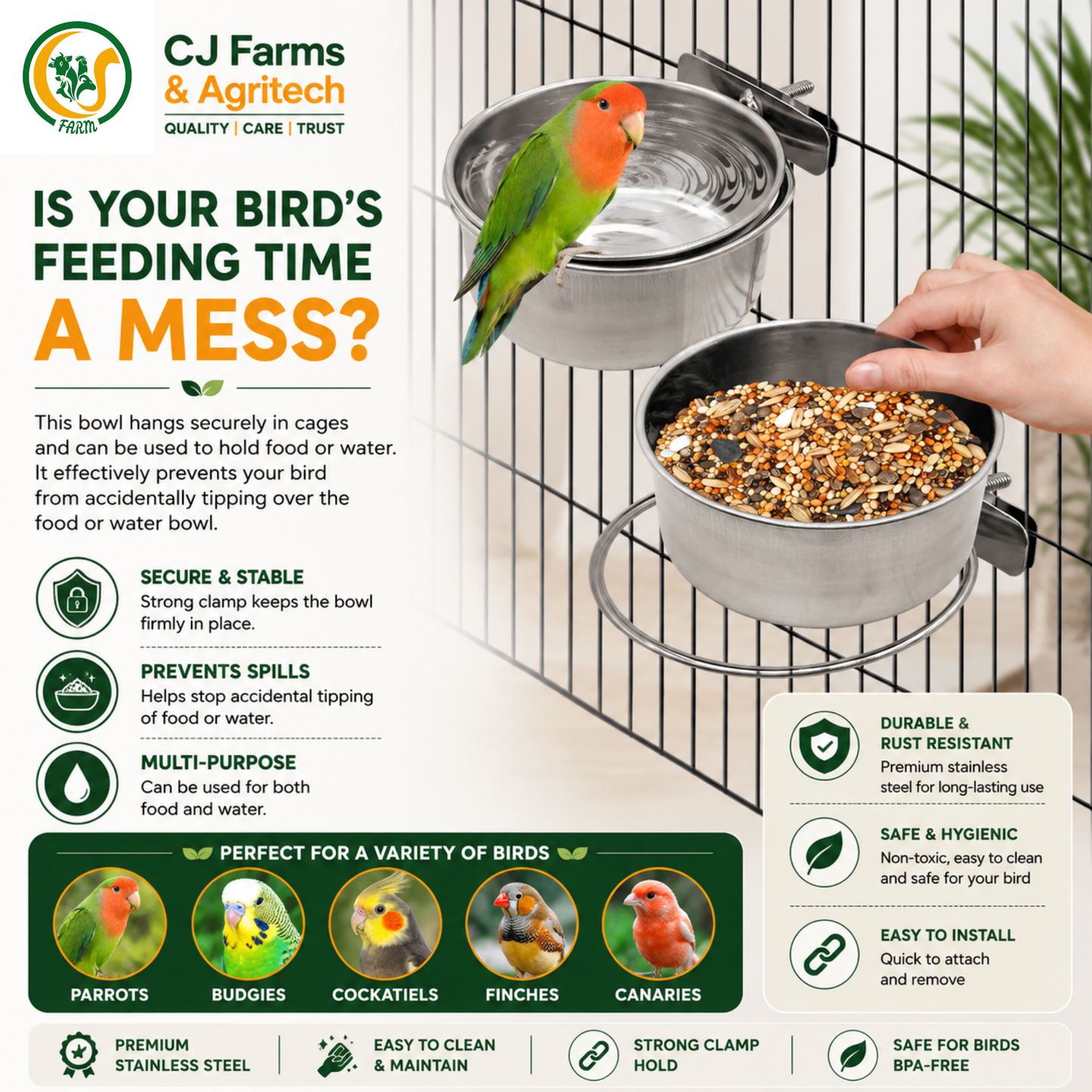 Stainless Steel Bird Feeder Bowl with Cage Clamp | 10cm Hanging Food & Water Bowl for Parrots, Hamsters, Chinchillas & Guinea Pigs CJ farms and Agritech