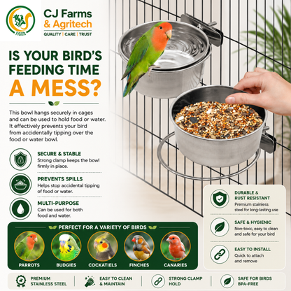 Stainless Steel Bird Feeder Bowl with Cage Clamp | 10cm Hanging Food & Water Bowl for Parrots, Hamsters, Chinchillas & Guinea Pigs CJ farms and Agritech