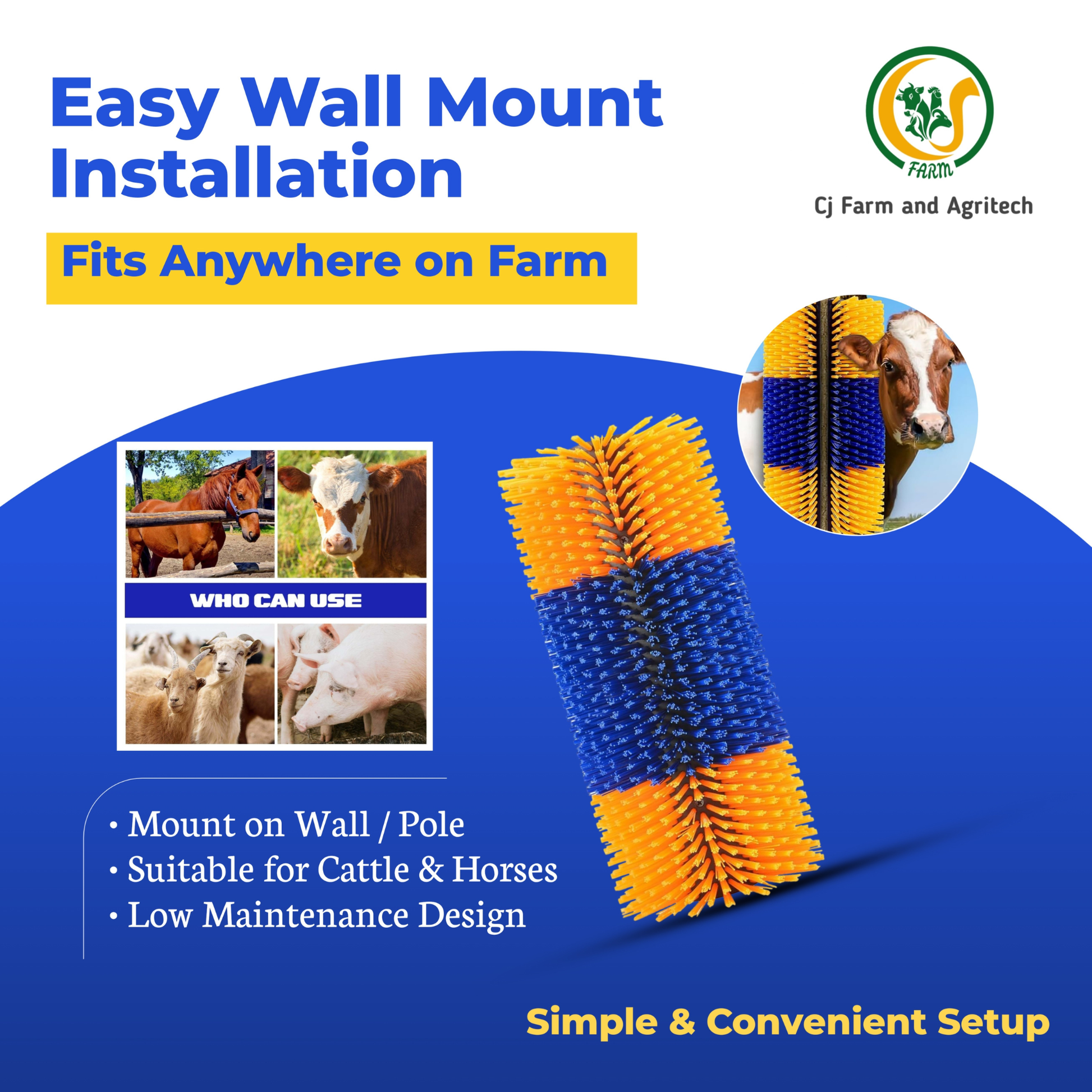 Heavy-Duty Livestock Scratching & Grooming Brush | Self-Massage Brush for Cattle, Horses, Goats & Sheep | Durable Outdoor Mountable Farm Brush cjfarms.in