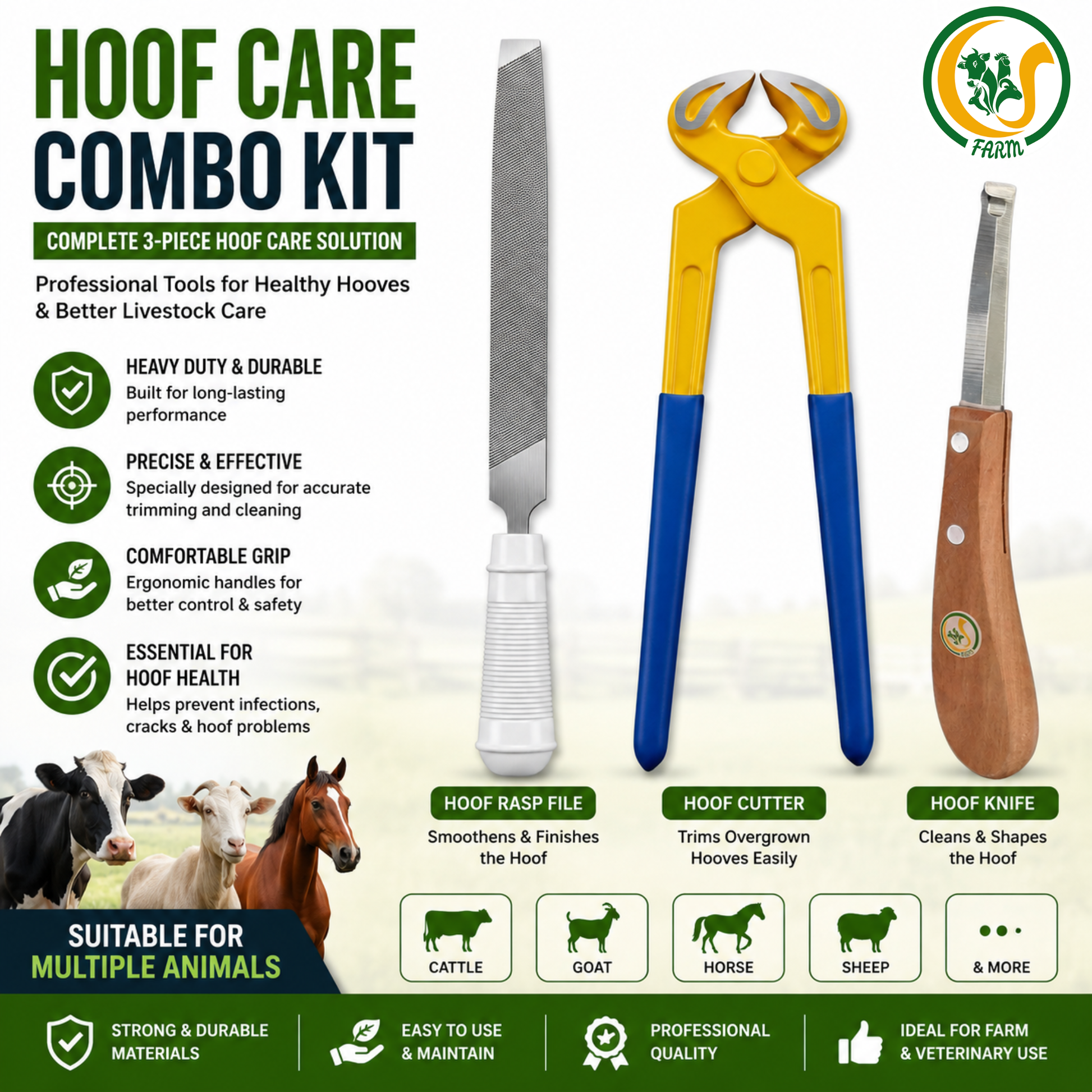 Professional Hoof Care Combo Kit for Cattle, Cow, Goat & Horse | Hoof Trimming Cutter, Hoof Knife & Rasp File Set CJ farms and Agritech