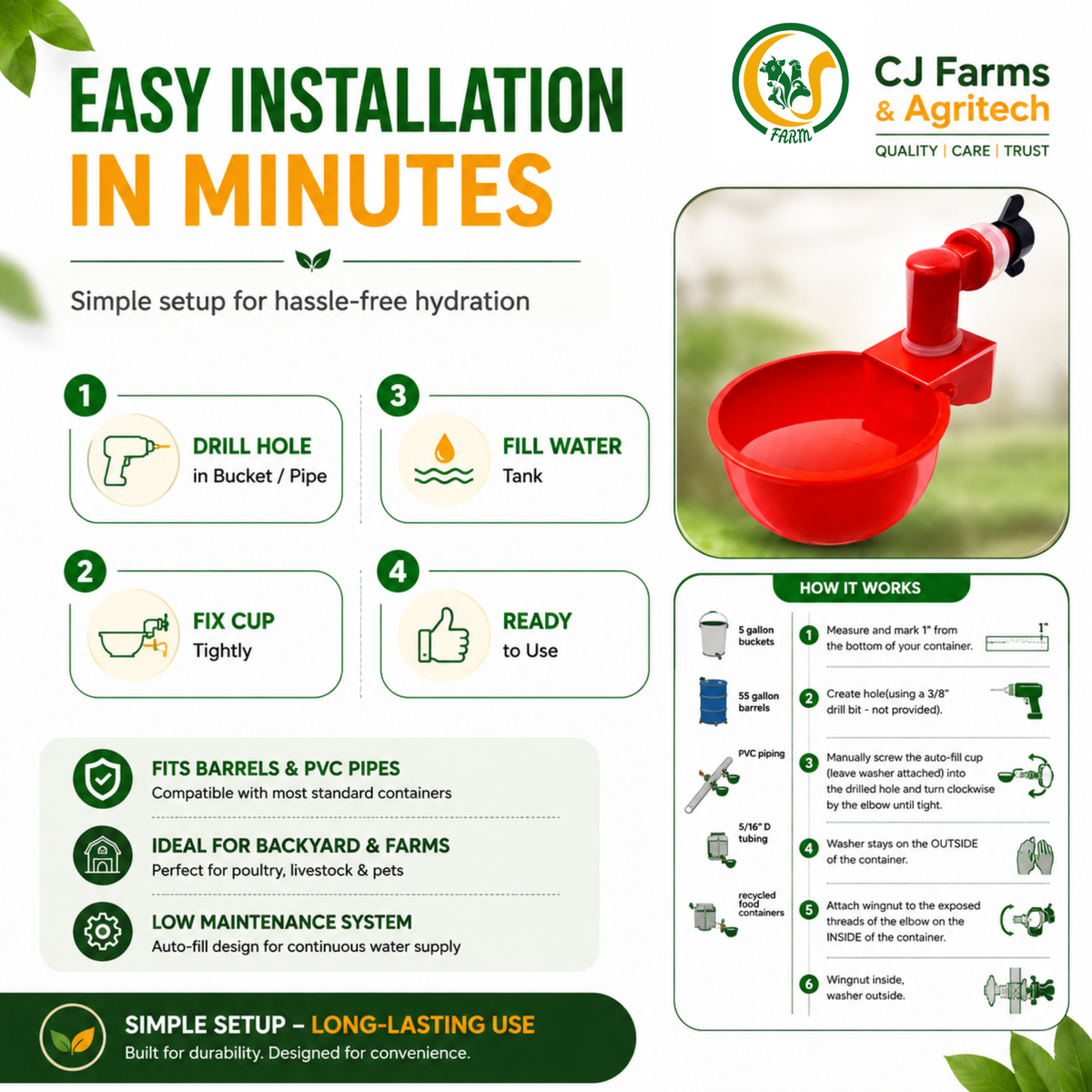 Automatic Chicken Feeder Cups | Auto-Refill Poultry Water Drinker | Automatic Water Bowl Cups for Chickens & Birds cjfarms.in